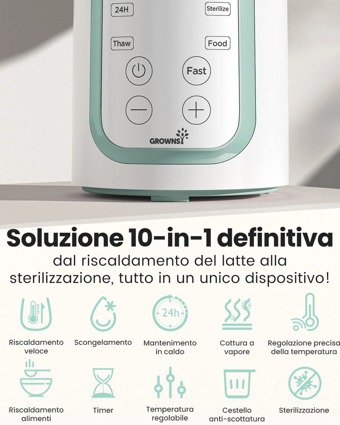 Grownsy Scaldabiberon 10-in-1 Veloce con Timer per Latte Materno o Formula, Controllo Preciso della Temperatura, Funzioni di Scongelamento, Sterilizzazione, Mantenimento Caldo e Riscaldamento Pappe