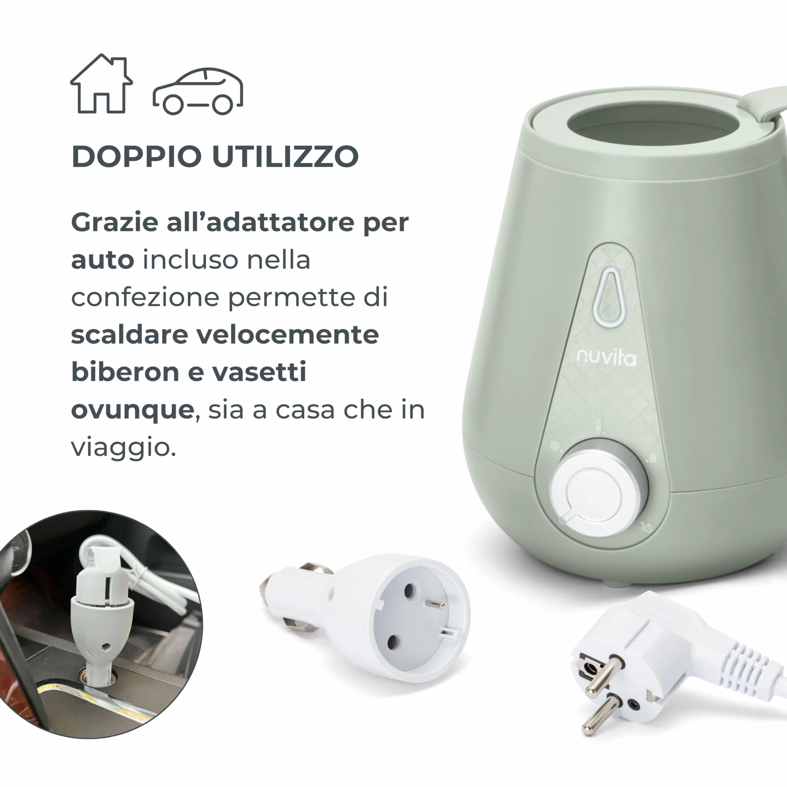 Nuvita 1165 | Scalda Biberon Neonato Casa e Auto | Scaldabiberon da Viaggio | Scaldabiberon Veloce | Scalda Latte Neonato | Scalda Pappa Neonato | Riscalda Alimenti - Sage Green