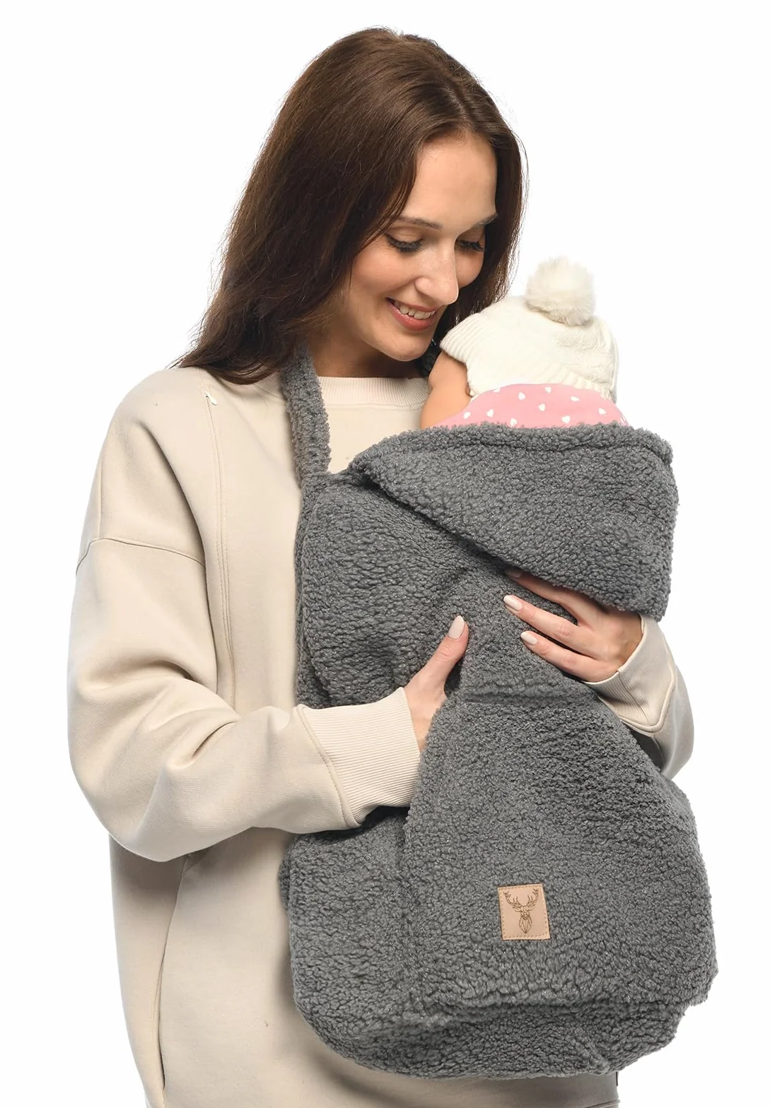 MijaCulture Tragecover M025 TEDDY - Copertura universale per portabebè e mantello, copertura calda per neonati (Grigio/Rosa)