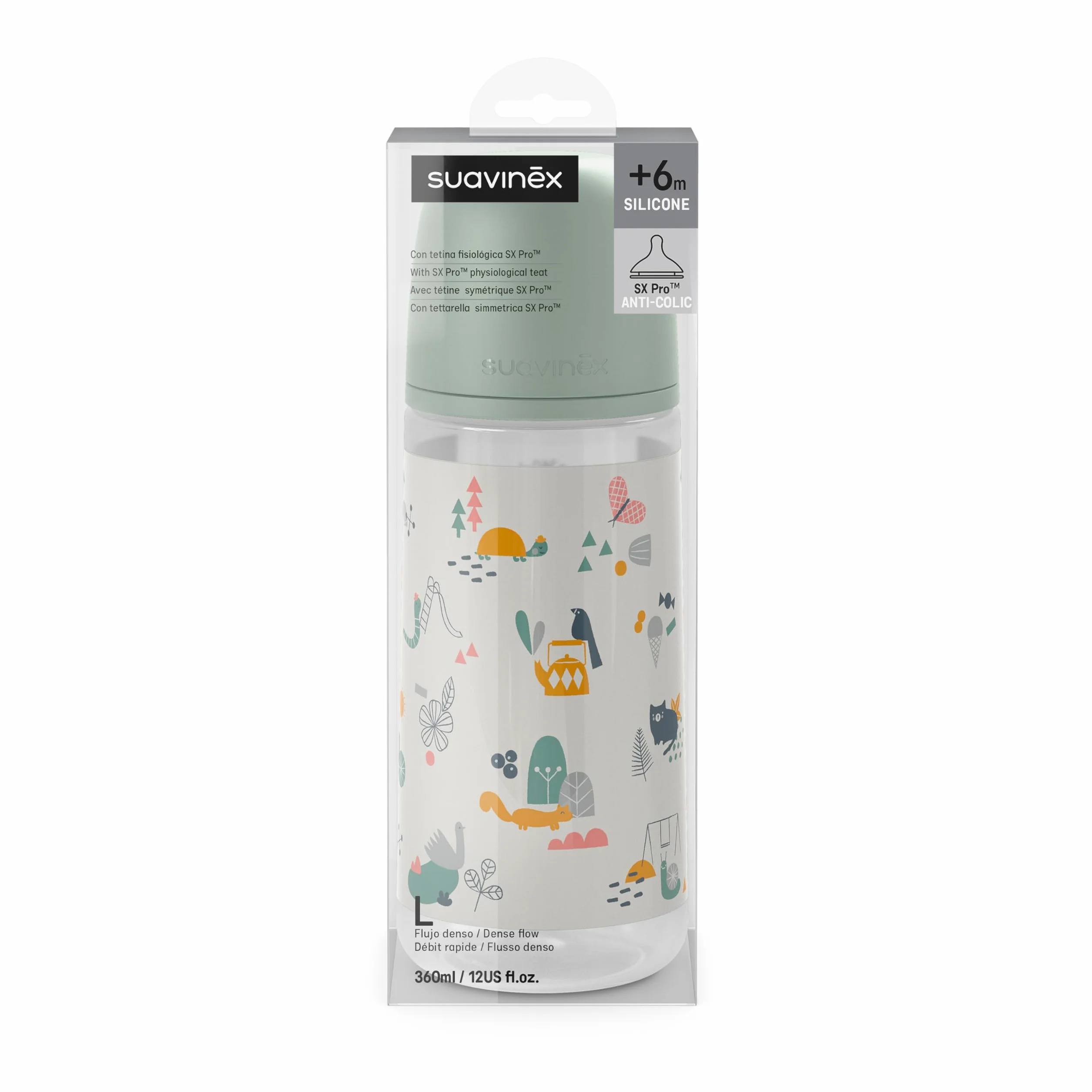 Suavinex Biberon 360 ml, con Tettarella Simmetrica in Silicone SX Pro, con Valvola Anticolica, con Tettarella Flusso Medio, L, per Bambini +6 Mesi, Walk in the Park Verde