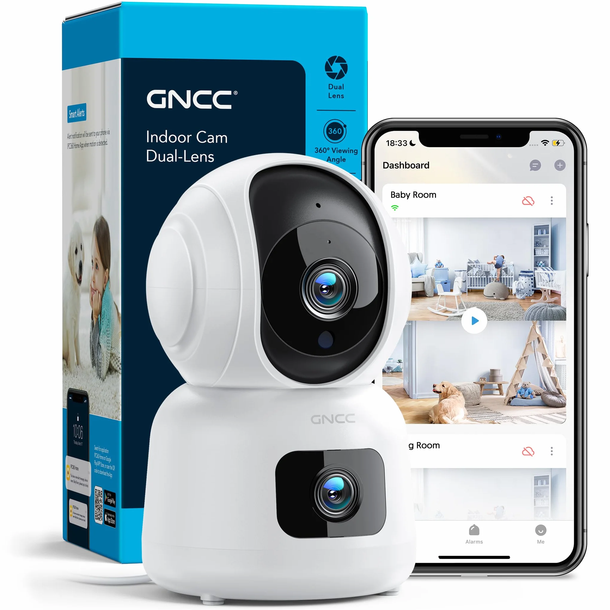 GNCC telecamera wifi interno, Baby Monitor, Doppia fotocamera, 1080P, Tracciamento del Movimento con Sirena, Audio Bidirezionale, Visione Notturna, Rotazione a 360°, 2,4GHz, con Alexa