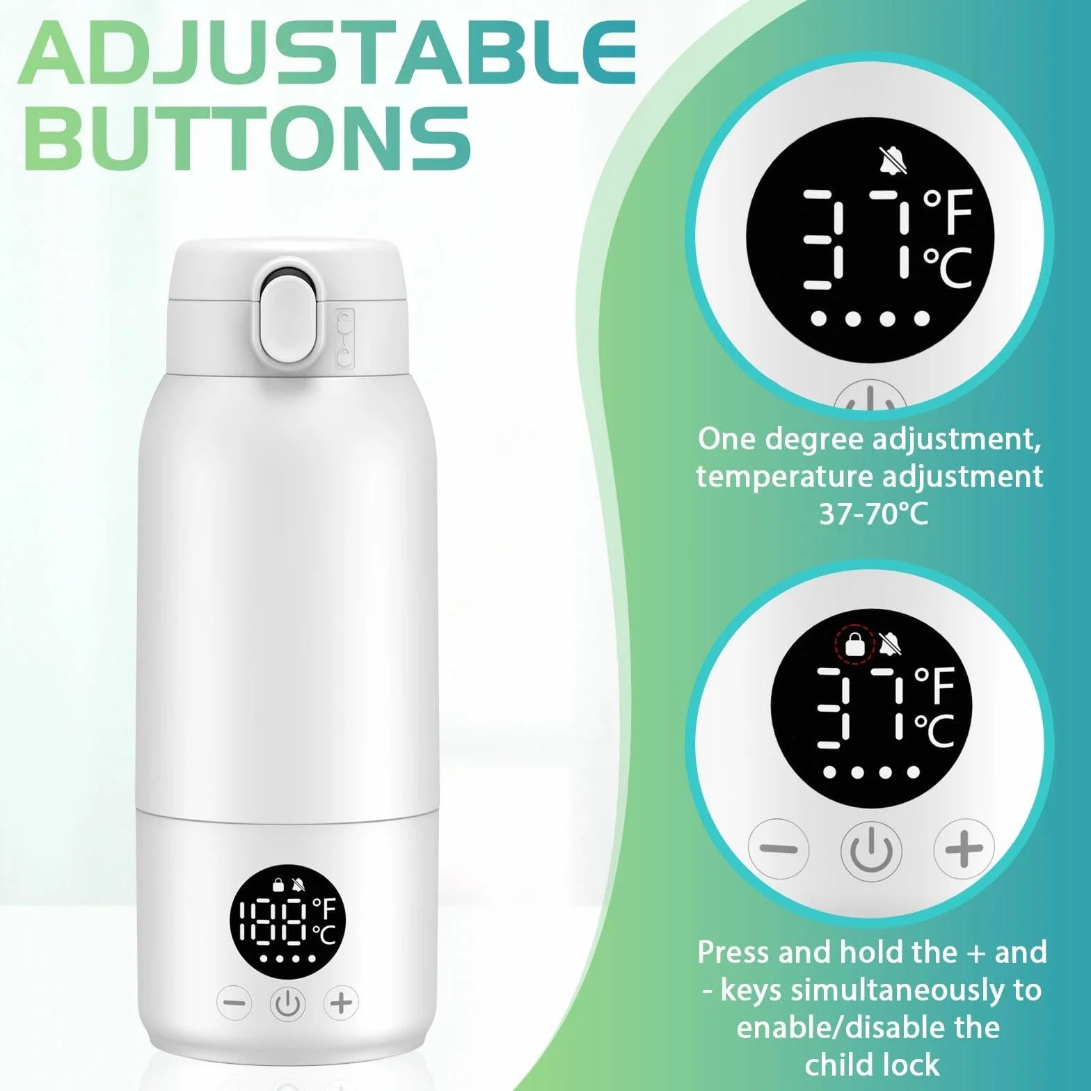 Scaldabiberon Portatile, 500ml Scalda Biberon Neonato, Riscaldamento Rapido e Lunga Durata della Batteria, Temperatura Regolabile 35 ℃-70 ℃, Scaldalatte per Neonati Ideale per Viaggi(Bianco)