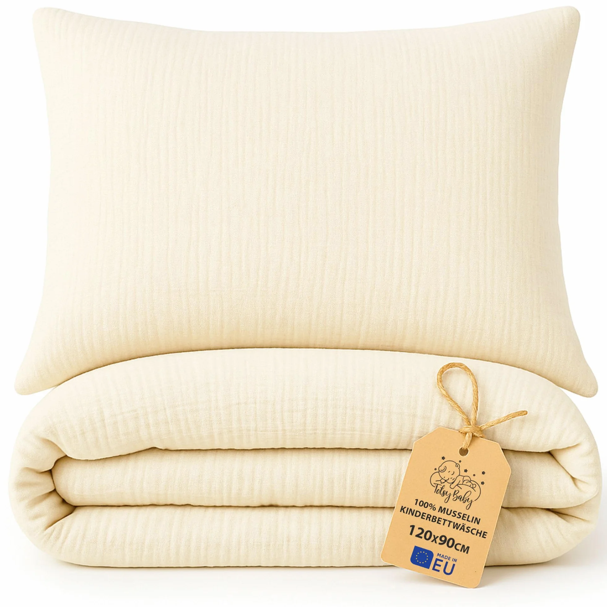 Totsy Baby mussola Copripiumino lettino neonato 100x135cm - Cotone parure di copripiumini per culla Set lenzuolo per piumino Beige chiaro con federe 60 x 40 cm certificazione Oeko-Tex
