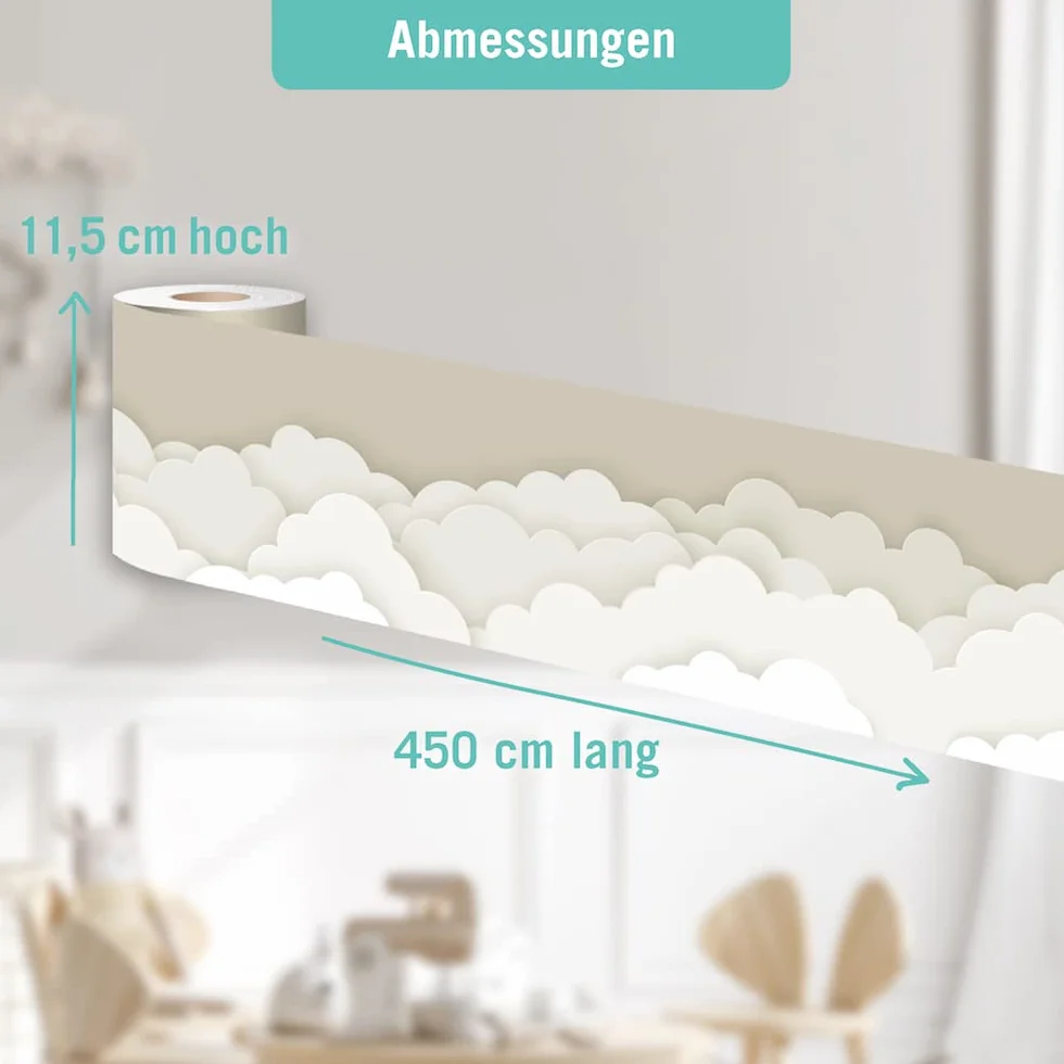 Bordo autoadesivo per cameretta dei bambini con le Nuvole in Cielo beige, 450 x 11,5 cm, decorazione da parete per ragazze e ragazzi