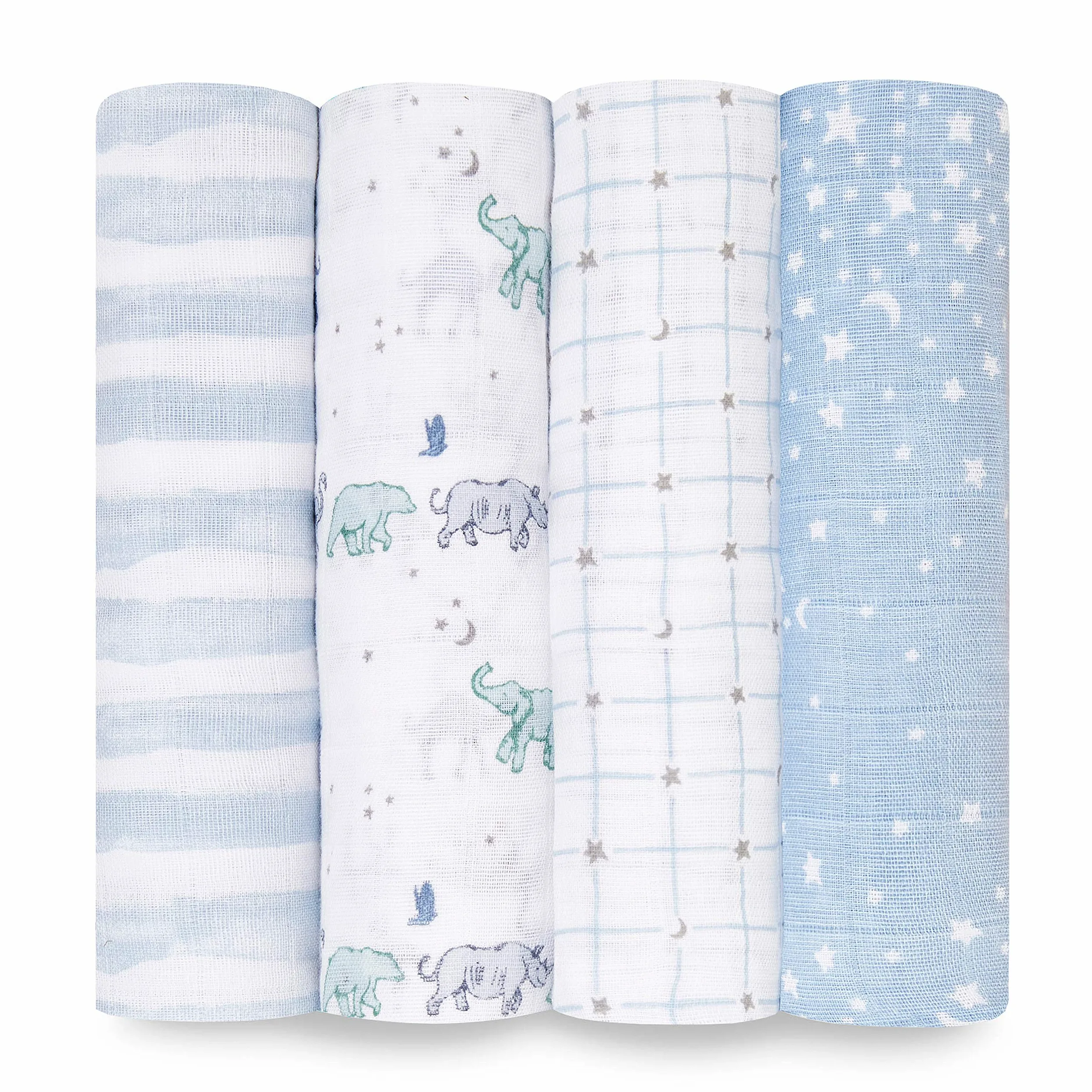 aden + anais Wildlife Swaddle - Confezione da 4 pezzi, grande set di 100% mussola di cotone, per bambine e ragazzi,motivo stella, luna, ippopotamo e orso, elementi essenziali per il sonno dei neonati