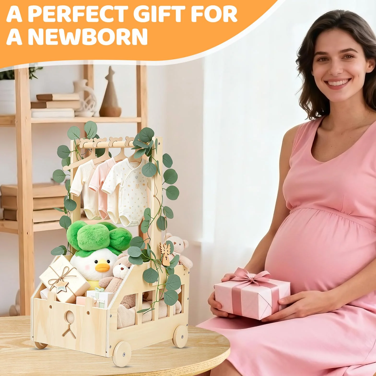 Cesto Nascita Bimbo in Legno con Ruote, Maniglia e 5 Grucce, Cesto Regalo Organizzatore per Prodotti Neonato, Idea Regalo Nascita e Regalo Baby Shower, Design Orsetto per Cameretta