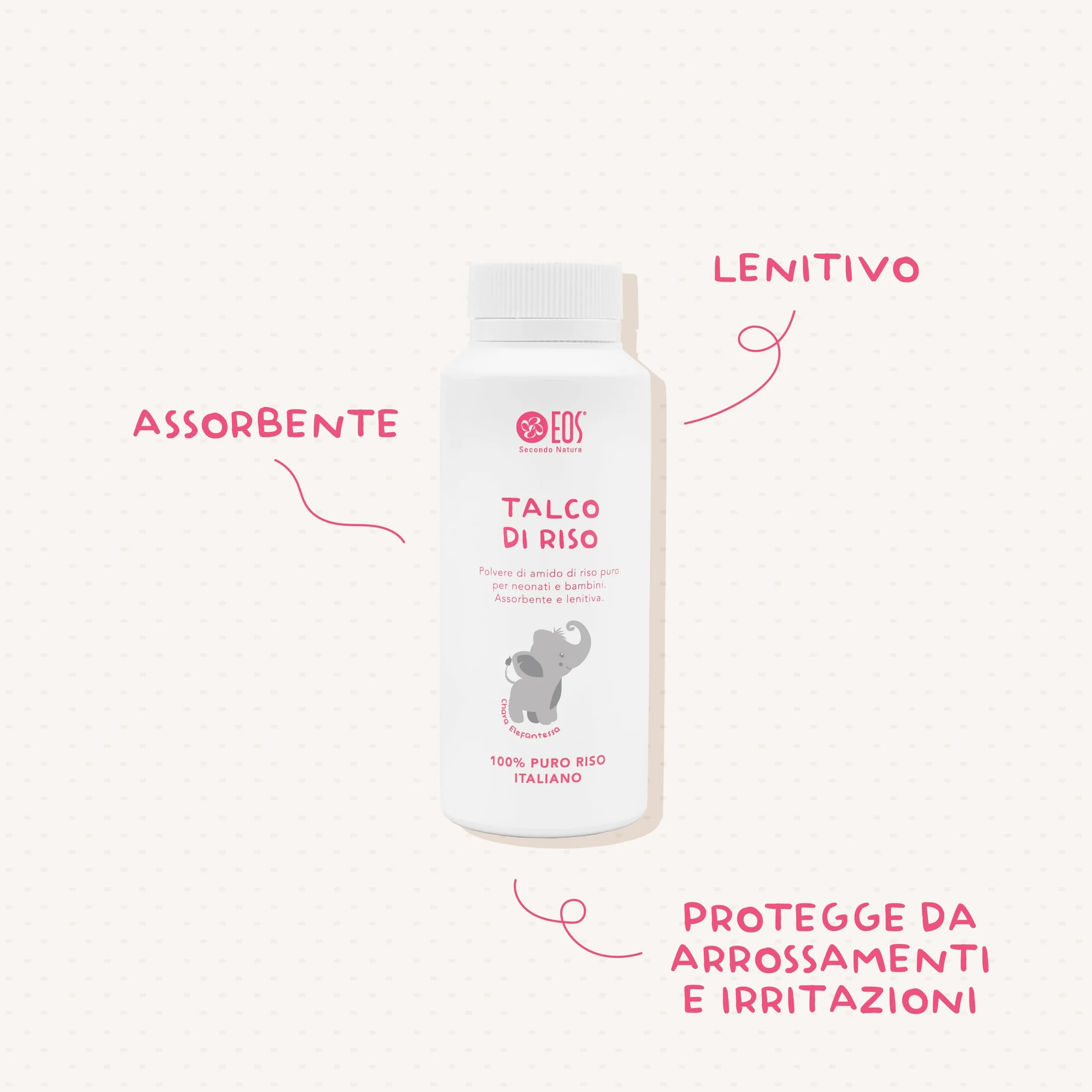 EOS NATURA Talco di Riso - Polvere di Amido di Riso Puro per Neonati e Bambini – Assorbente, Lenitiva – 100% Italiano - Il Mondo di Babu – 100 g