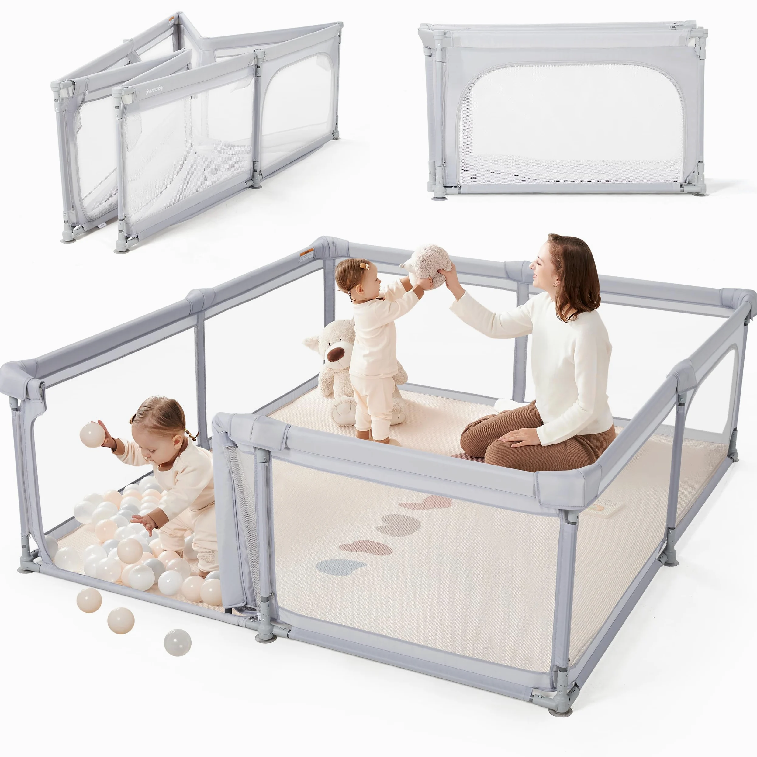 Sweeby Box pieghevole per bambini, con cancello, grigio, 180 x 150 cm