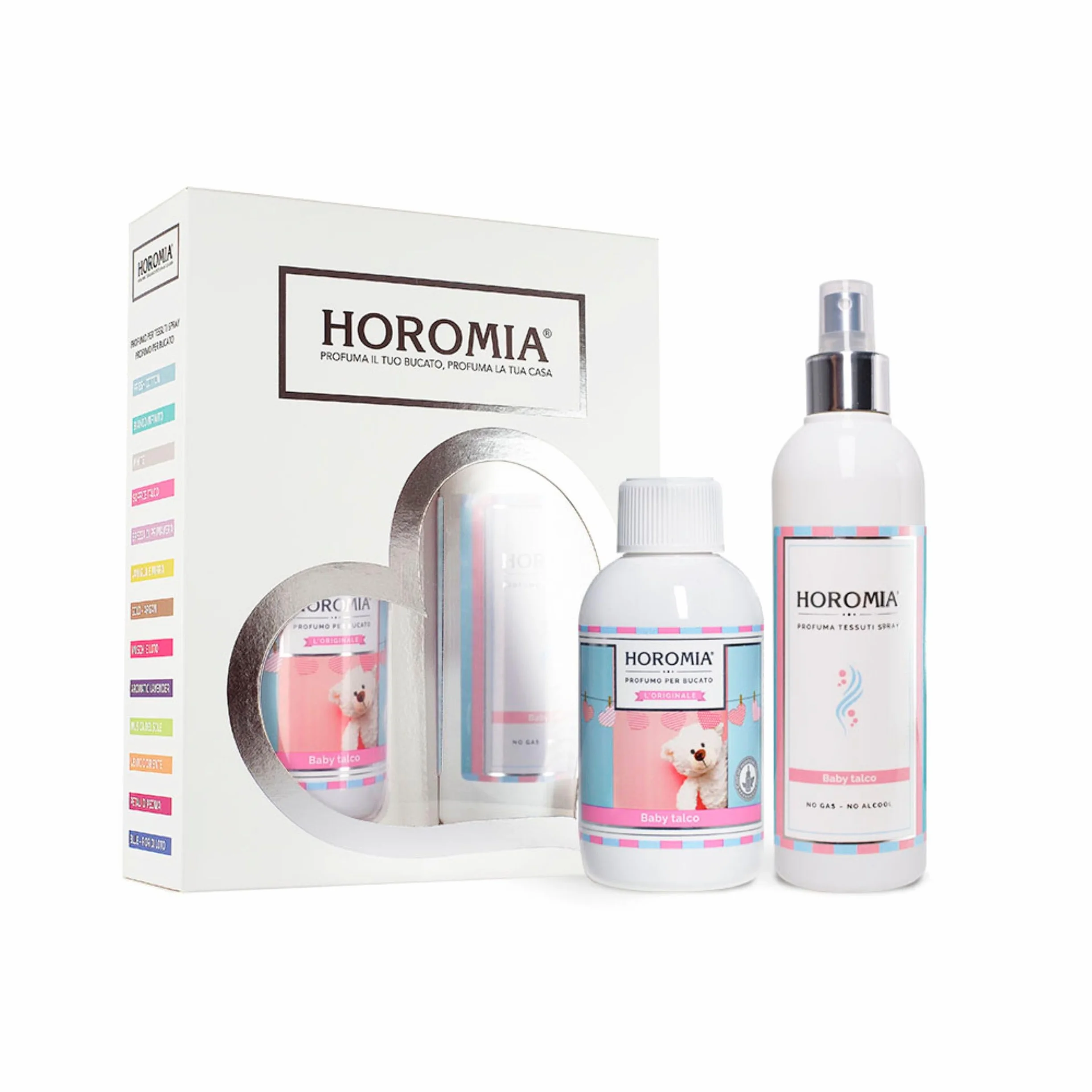 HOROMIA Horotwins Profuma Bucato 250ml e Deo Tessuti Spray 250ml - Confezione Regalo Baby Talco