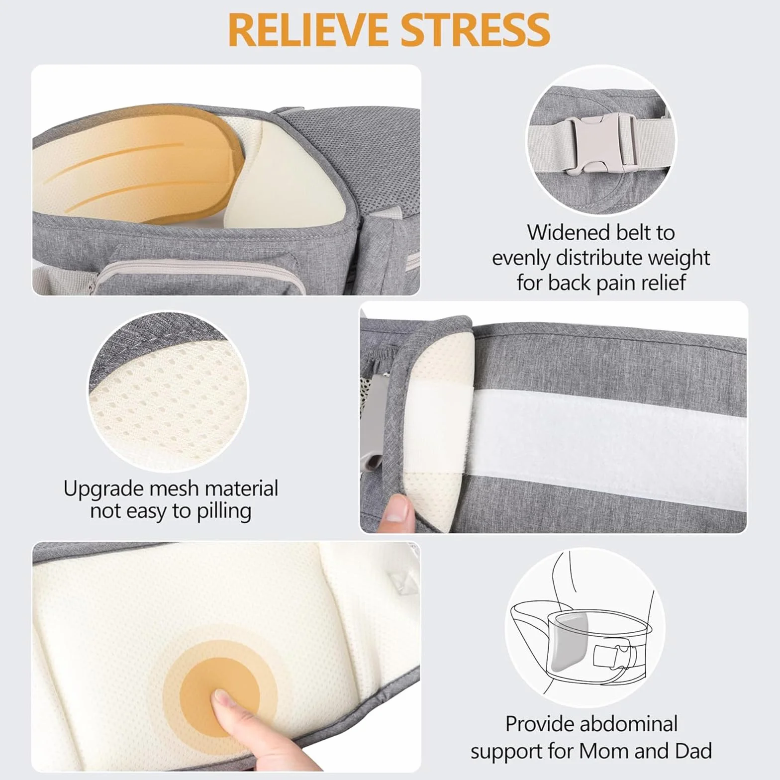 Seggiolino ergonomico con cintura di sicurezza in puro cotone traspirante 0-36 mesi (grigio scuro)