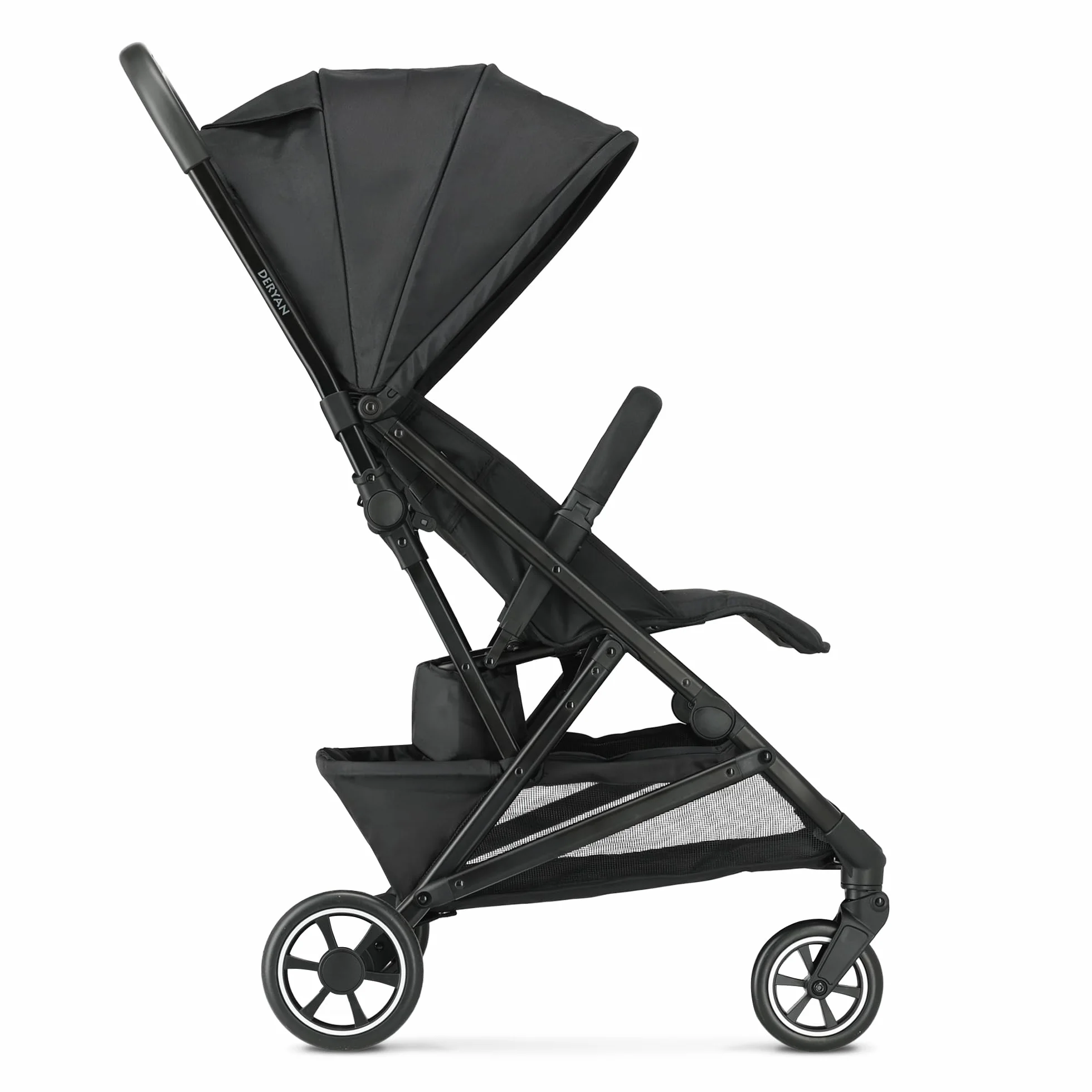 Deryan Easy, Passeggino 0+ Mesi-22 Kg, Passeggino Leggero con Chiusura Smart e Compatta, Capotte Estensibile con Trattamenti UV50+ Antipioggia, Regolabile, Poggiagambe, Nero