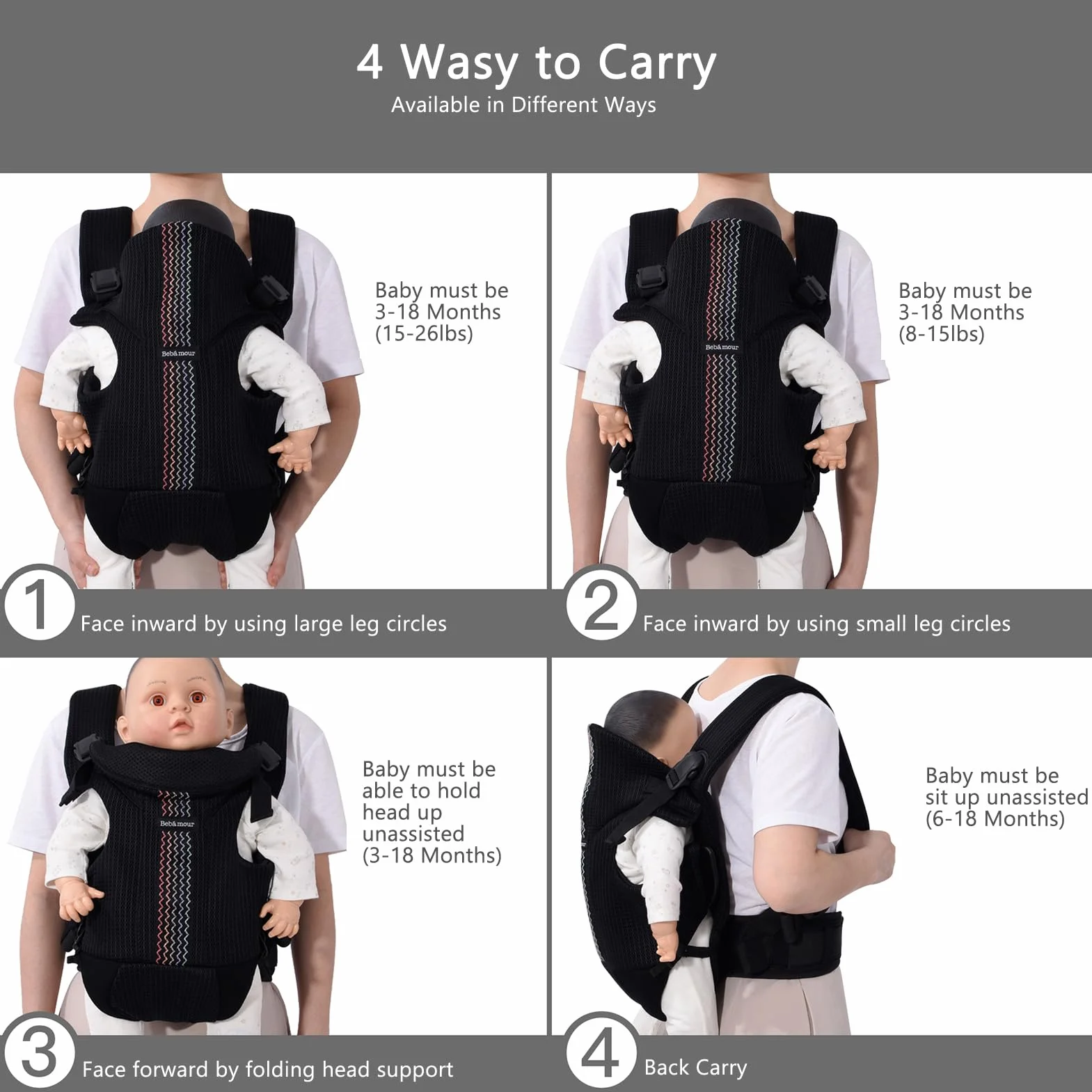 Bebamour baby-carrier, anteriore e posteriore, con 2 bib della spalla,Black Pro