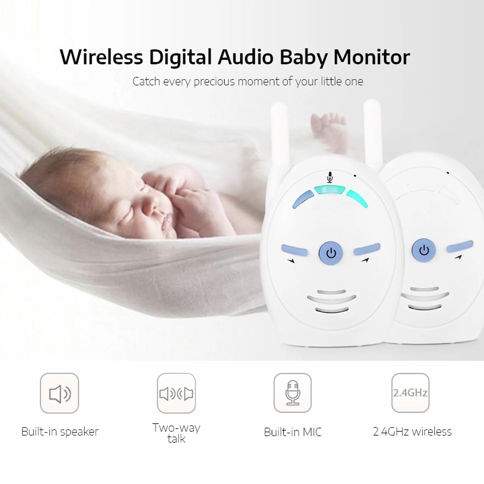 Baby Monitor Audio, Monitor Digitale per Bambini con Luce Notturna, Conversazione Bidirezionale Monitor per Bambini con Audio da 2,4 GHz Microfono e Altoparlante (Spina europea)