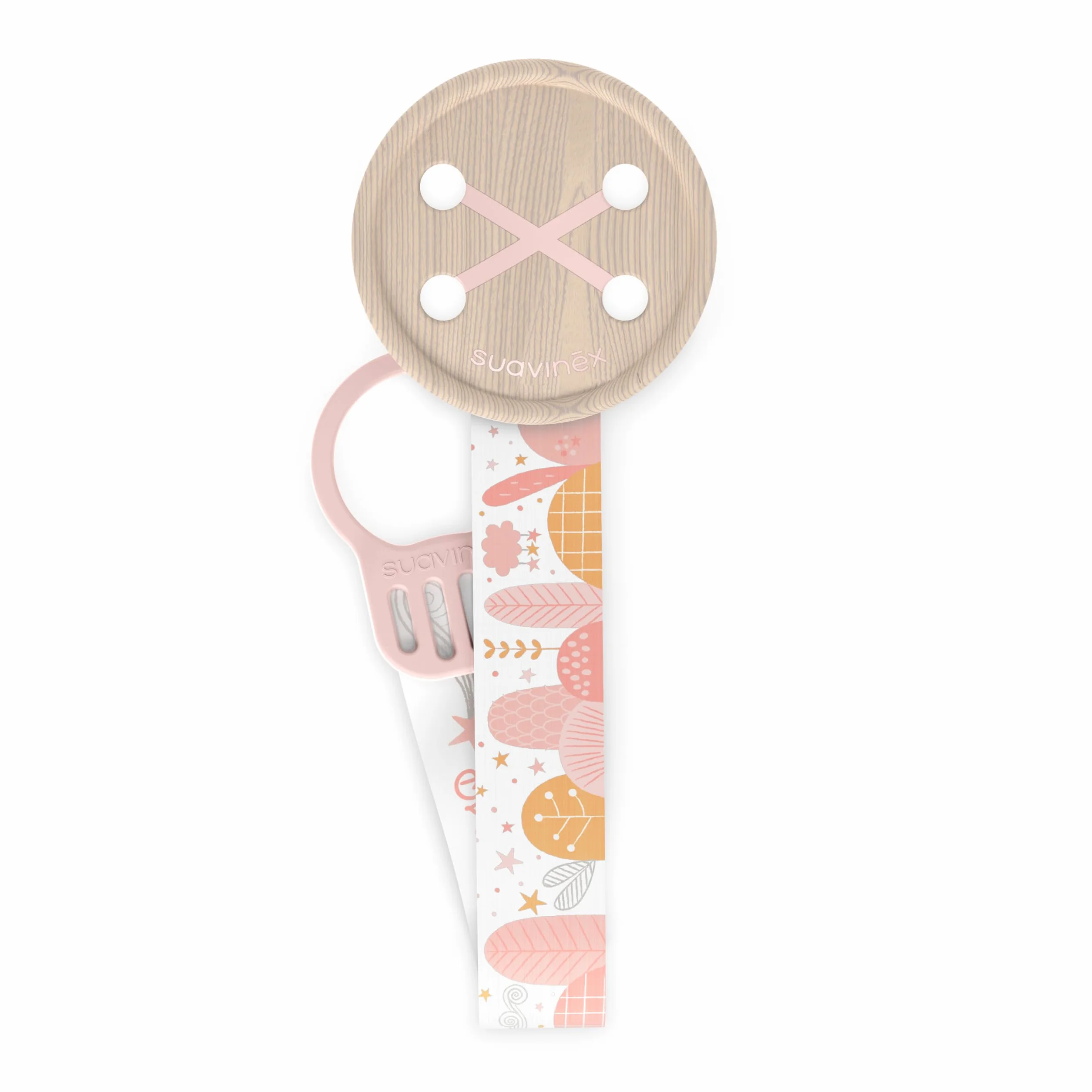 Suavinex, Portaciuccio con catenella in tessuto per bambini, Nastro con design reversibile, Catenella per ciuccio, Portaciuccio con clip. Per Bambini +0 Mesi, Adatto ai Neonati, Dreams Rosa