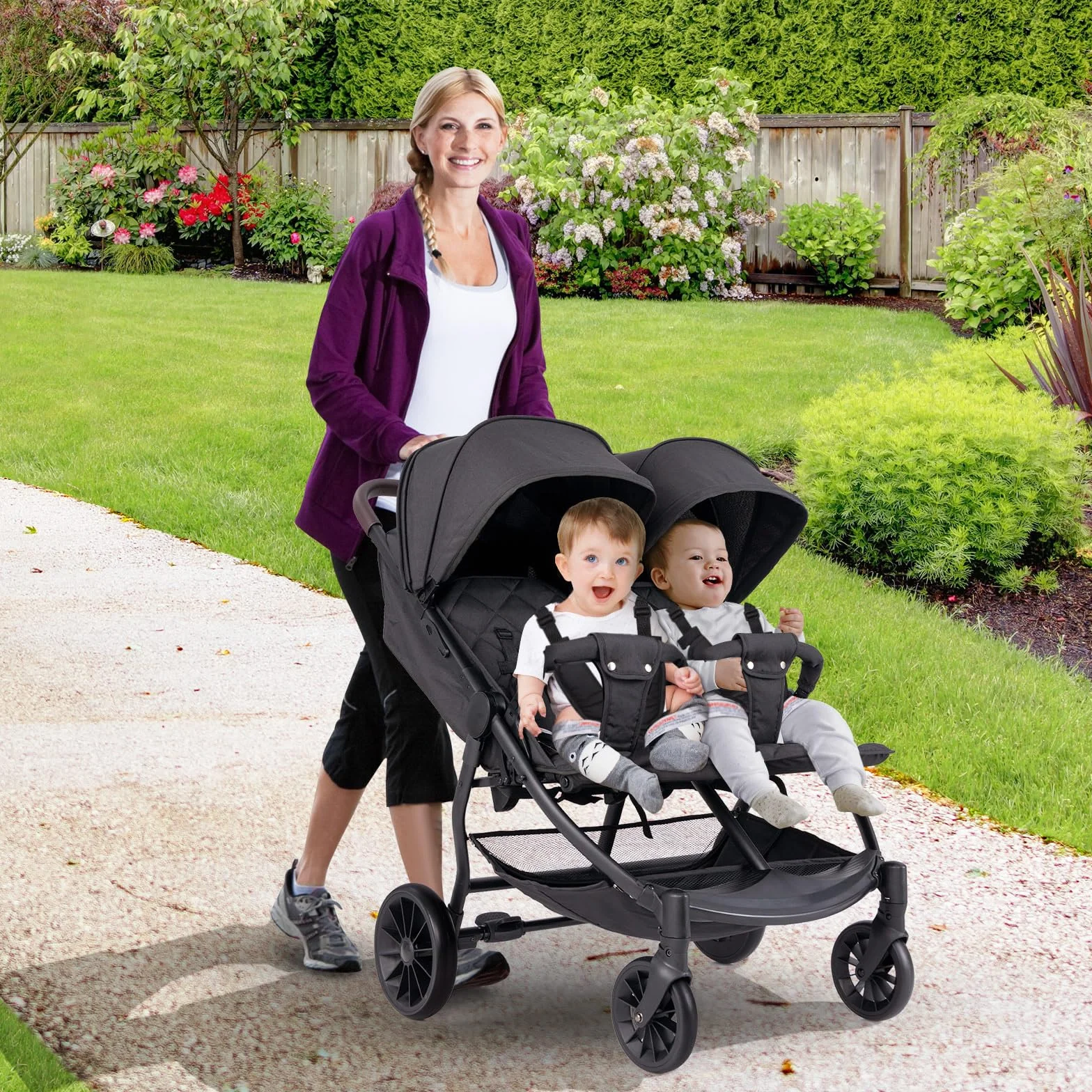 LIFEZEAL Passeggino gemellare, passeggino per gemelli pieghevole, passeggino doppio con schienale reclinabile in 3 posizioni, imbracatura a 5 punti, per bambini da 0 a 3 anni (grigio scuro)