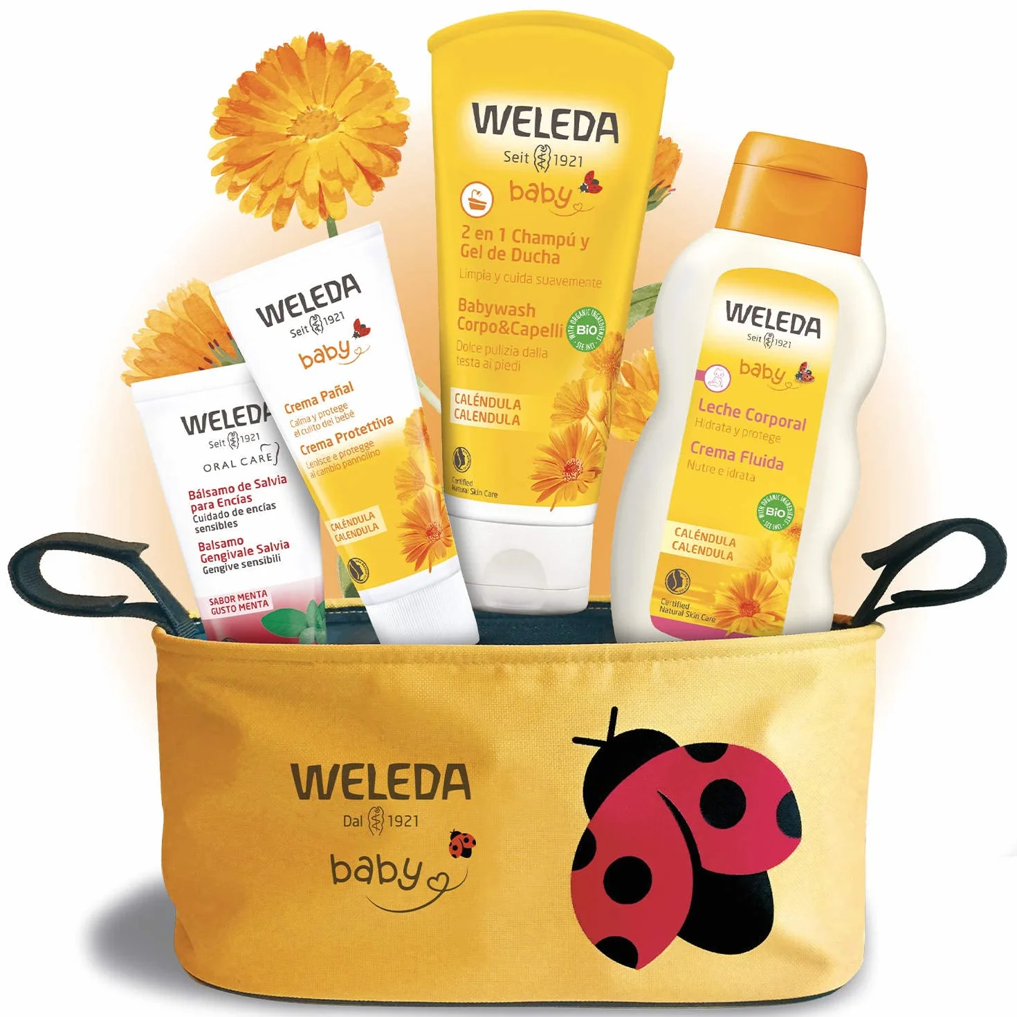 Weleda Mummy Bag, comoda borsa passeggino con kit completo di prodotti cosmetici per la protezione della pelle di neonati e bambini, a base di calendula bio certificata