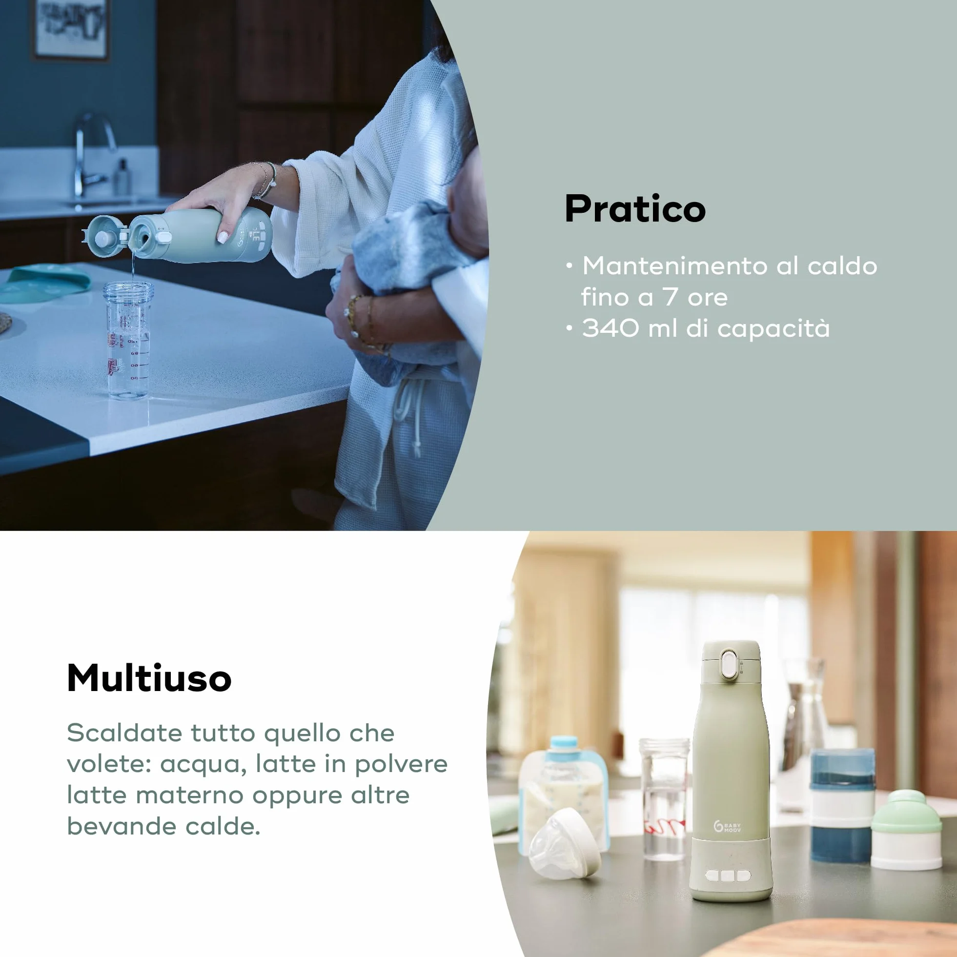 Babymoov Scaldabiberon da Viaggio Senza Filo Moov & Feed, Capacità 340 ml, Acqua o Latte Materno, Temperatura Regolabile, Mantenimento al Caldo (fino a 7 Ore), Ricarica USB, Sage Green