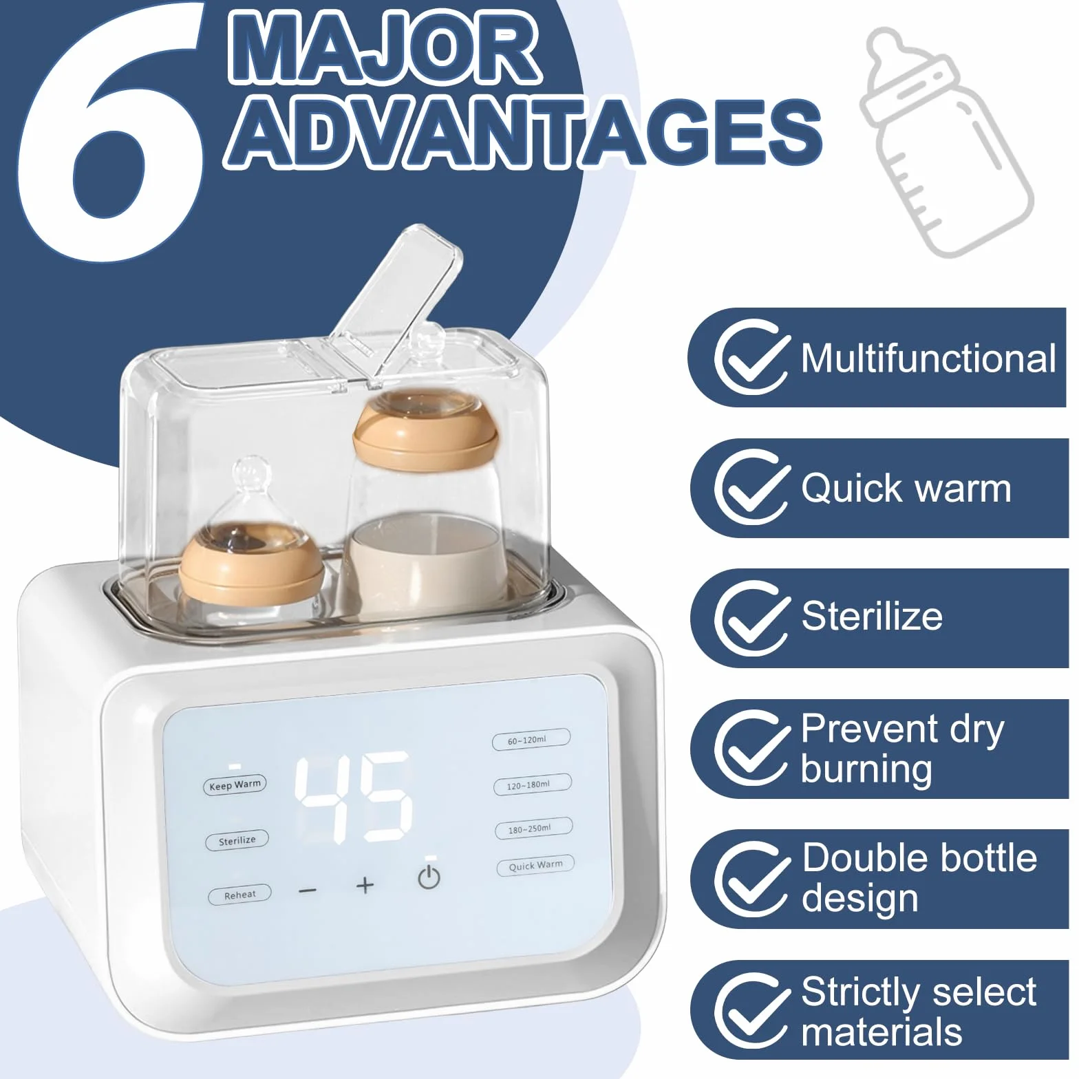 Scaldabiberon e Sterilizzatore Multifunzione 8-in-1, Biberon sterilizzatore Senza BPA, Riscaldamento Rapido, Scongelare, Scalda per Latte Materno, Scaldabaschette per Bambini con Display LCD