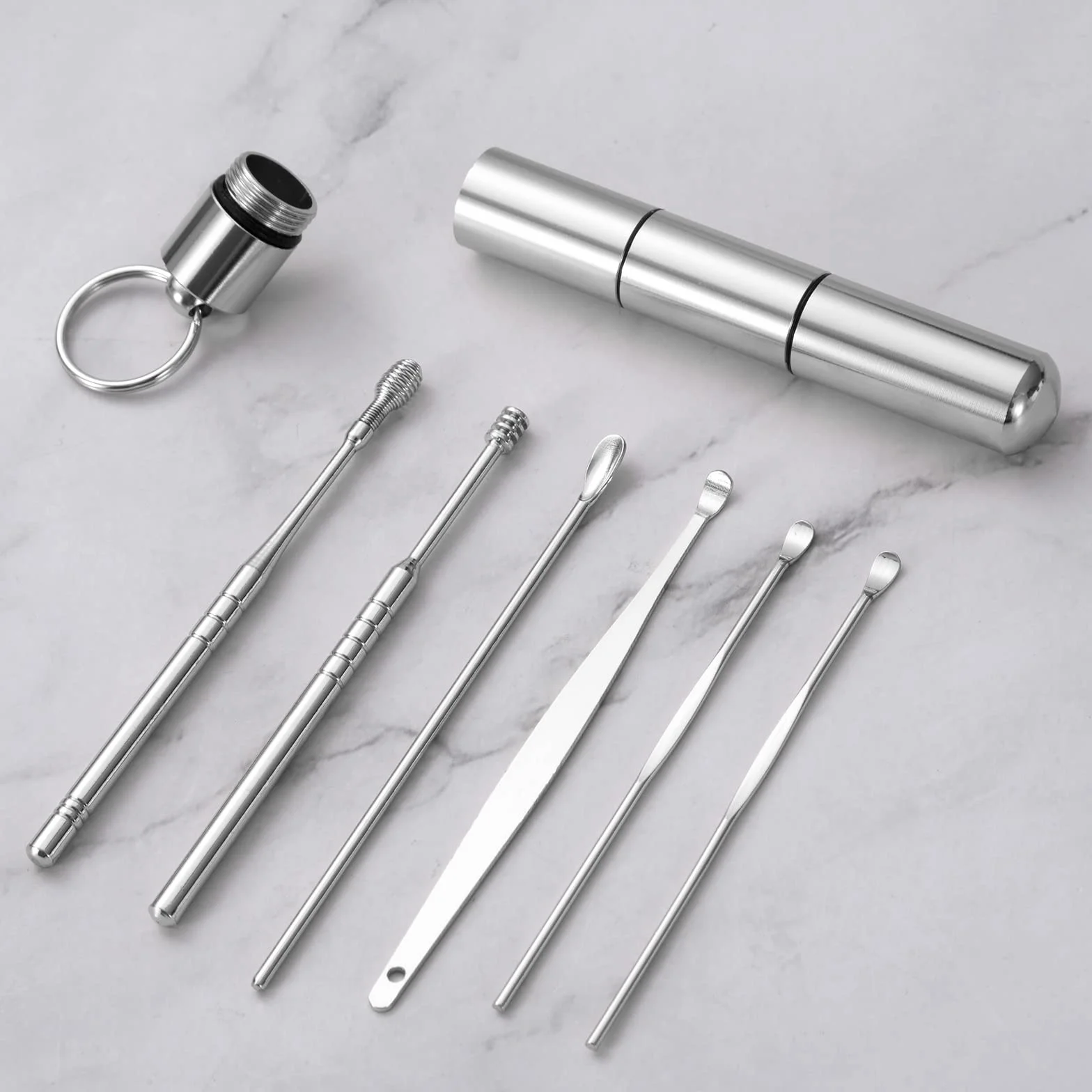 Cucchiaio per Orecchie Kit di Rimozione del Cerume Pulisci Orecchie in Acciaio Inossidabile con Scatola Portatile Argento 6 Pezzi