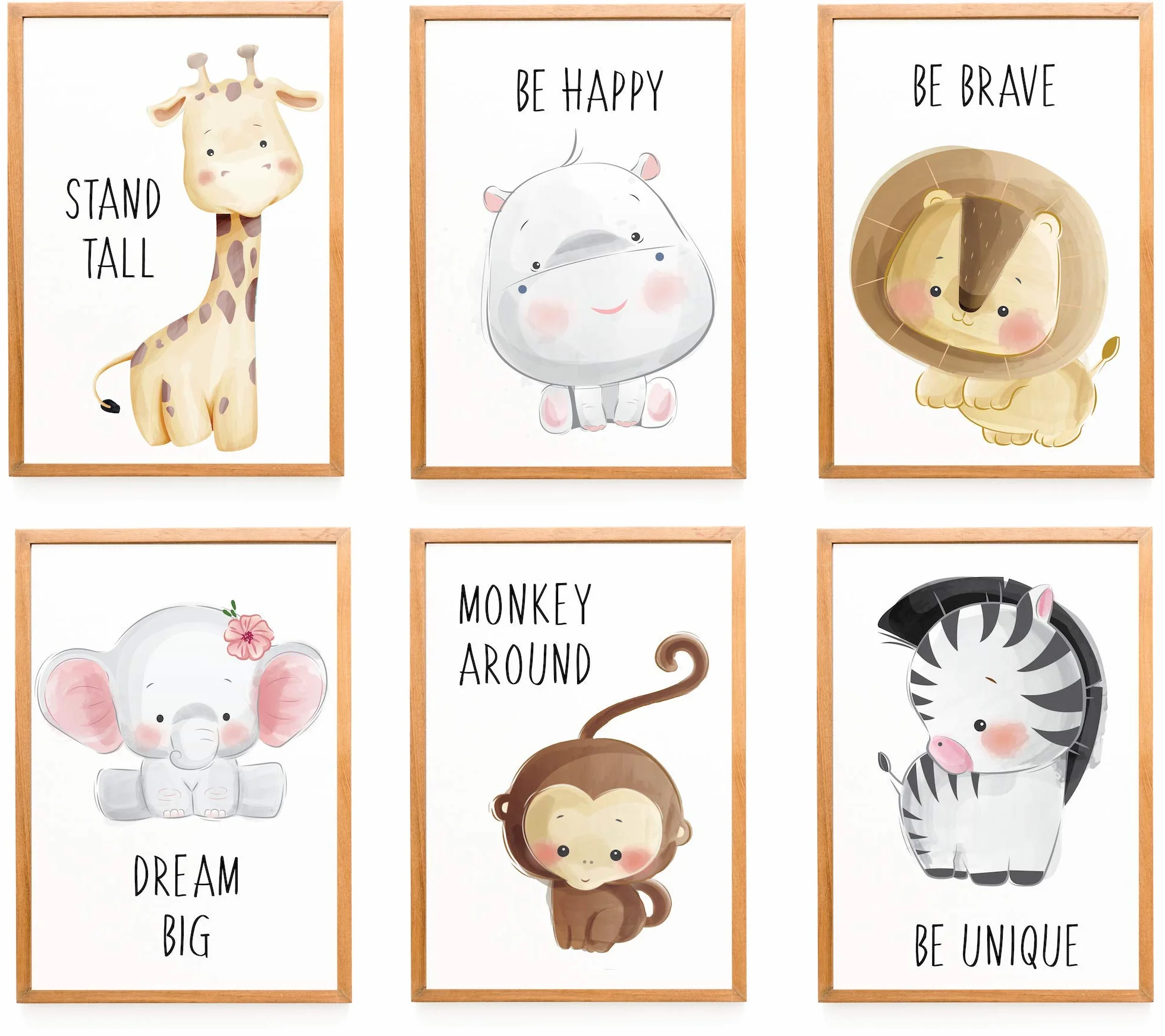 WIETRE® - Set di 6 immagini per la cameretta dei bambini, decorazione per bambini, formato DIN A4, tema: animali della foresta, Safari, Africa - senza cornici
