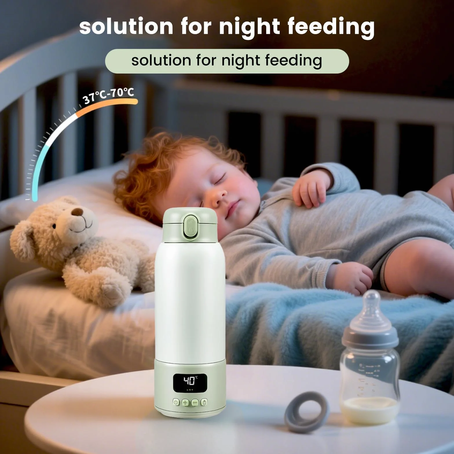 Scaldabiberon Portatile per Bambino Capacità 500ml, Ricaricabile Scalda Biberon Neonato Temperatura Regolabile da 37 a 70°C, Termos da Viaggio con Display a Temperatura Digitale a LED, Senza BPA