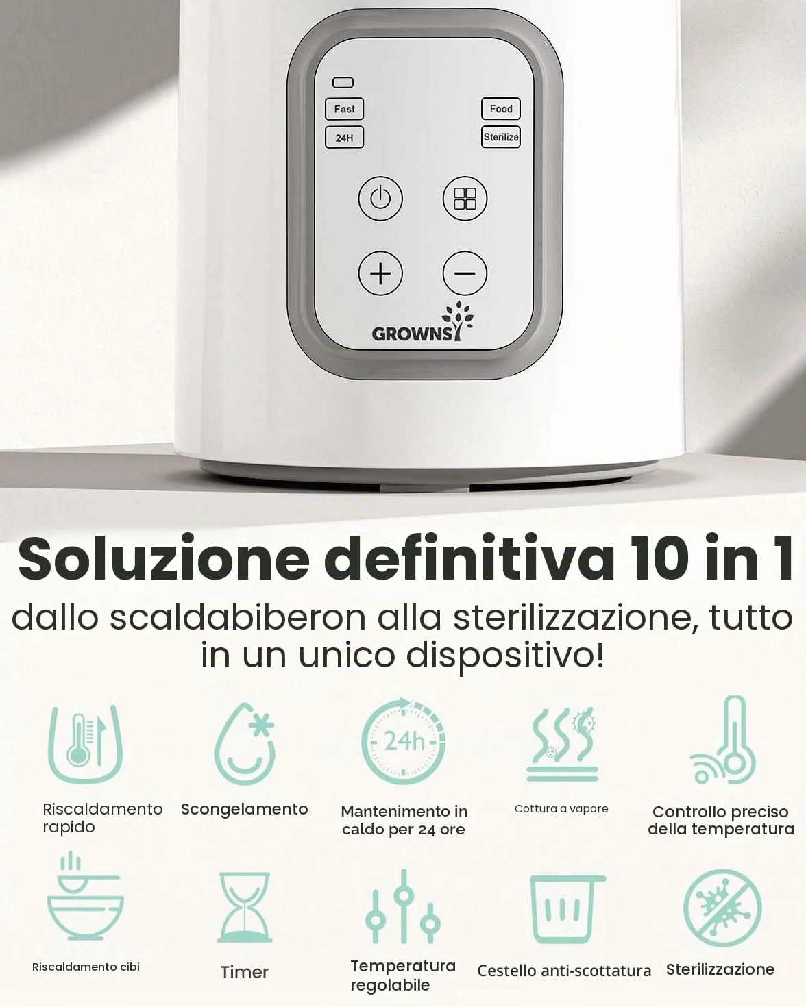 GROWNSY Scaldabiberon 10-in-1 Veloce con Timer per Latte Materno o Formula, Controllo Preciso della Temperatura, Funzioni di Scongelamento, Sterilizzazione, Mantenimento Caldo e Riscaldamento Pappe