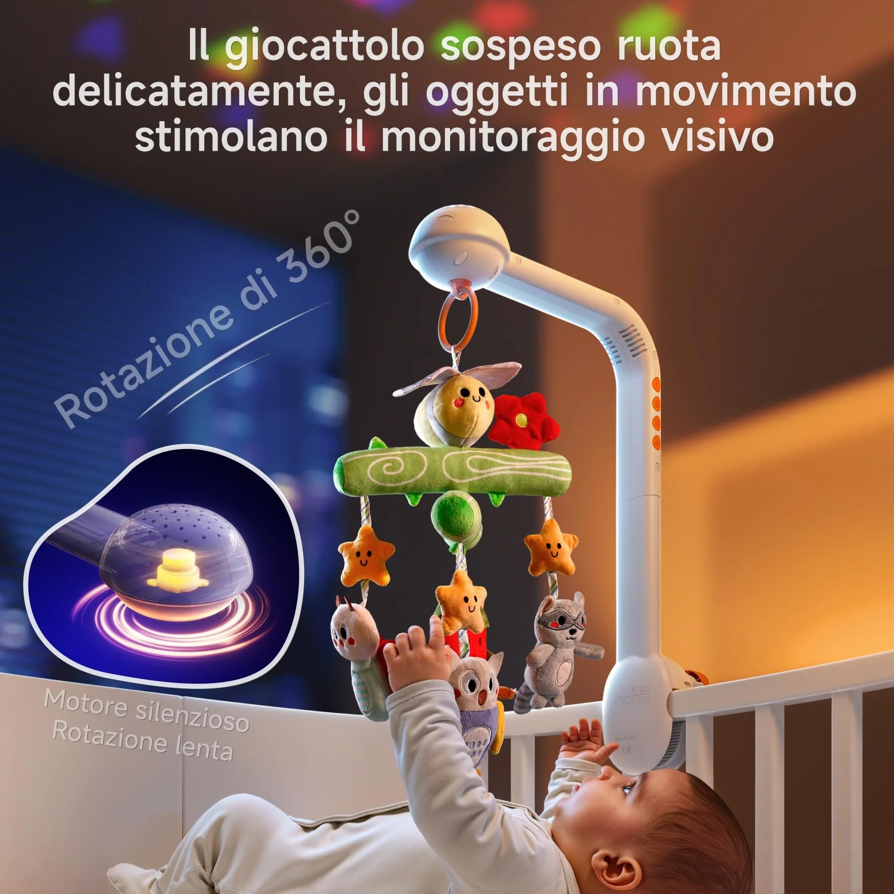 TUMAMA KIDS Giostrina Culla Neonato con Musica e Proiettore di luci, Carillon Culla per Neonati 0 3 6 9 Mesi, Sonaglio Giochi Neonato Telecomandato Giocattolo Sensoriale per Neonati Regalo