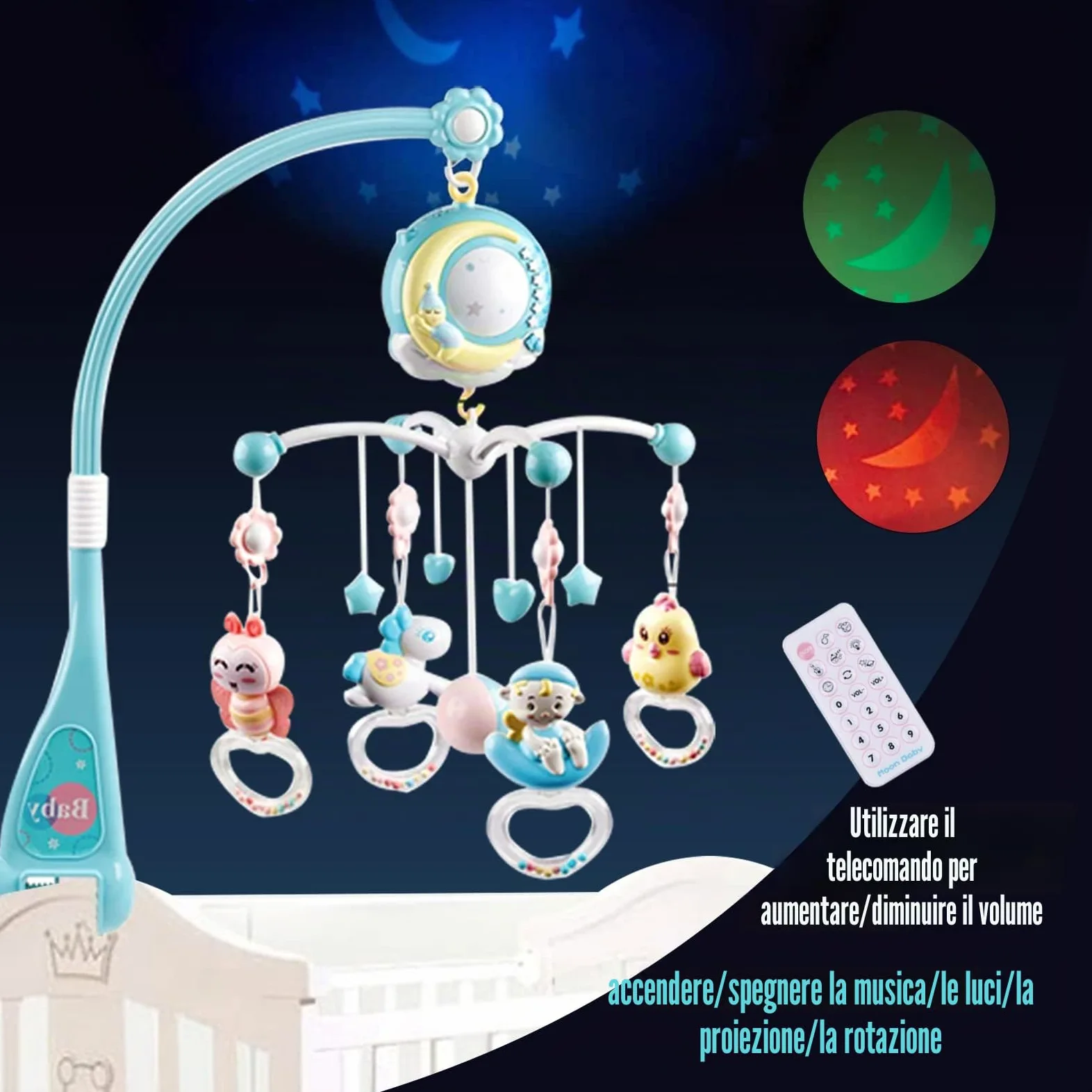 Giostrina Lettino Neonato, 4 in 1 Lettino mobile con musicale leggero, proiettore a stella rotante, Culla Proiezione Mobile Neonati per Bambini 0-5 Mesi
