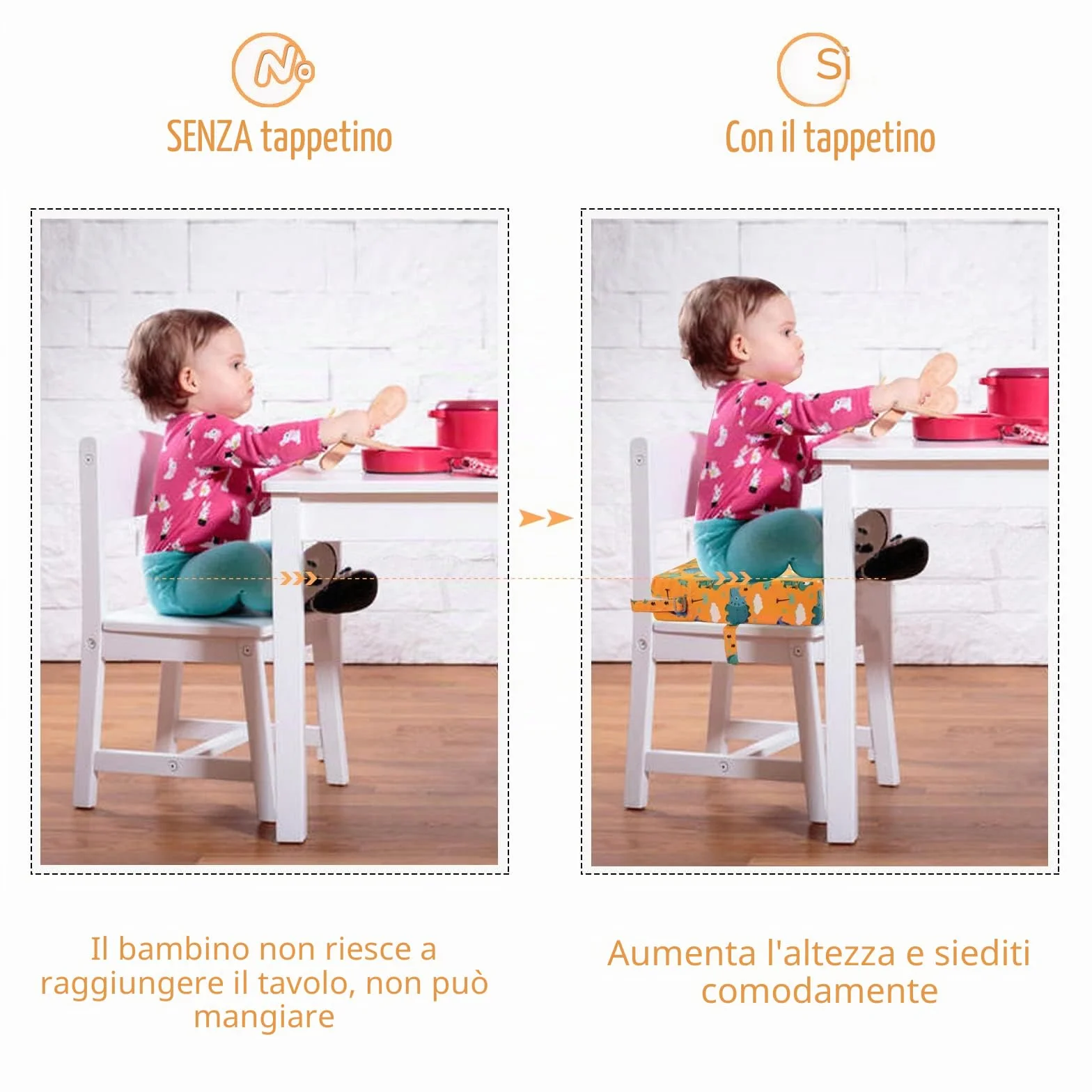 Rialzo Sedia Bambini - Cuscino Rialzo Sedia per Bambini,Supporto più Forte Fondo Antiscivolo Doppia Cinghia Sicura Cuscino(Arancione)