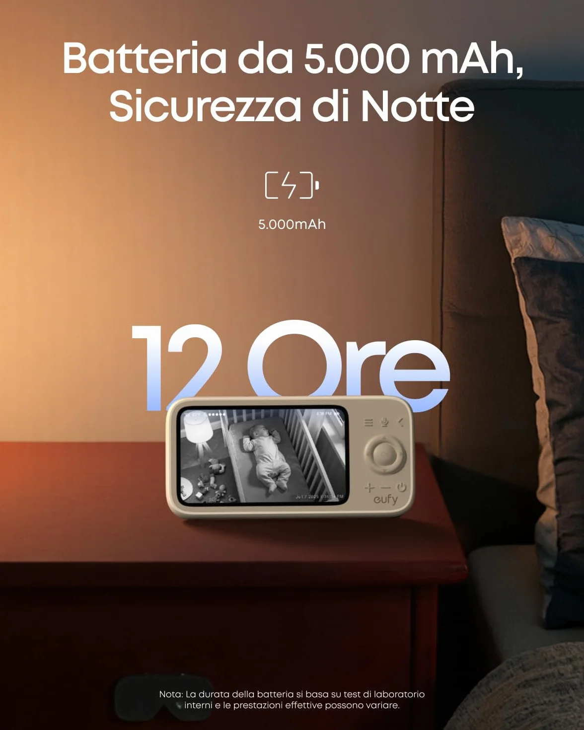 eufy Security C10: Monitor 2K, LCD 4,5" 480p, Zoom x4, Pan/Tilt, Notte. Ibrido senza Wi-Fi, 12h batt. Rileva moto, pianto, rumori, temp. Audio 2-vie, VOX.
