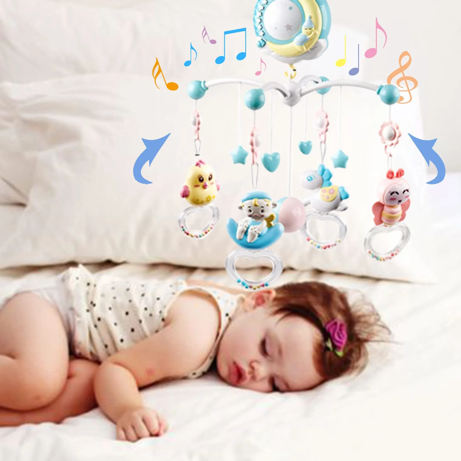 Giostrina Lettino Neonato, 4 in 1 Lettino mobile con musicale leggero, proiettore a stella rotante, Culla Proiezione Mobile Neonati per Bambini 0-5 Mesi