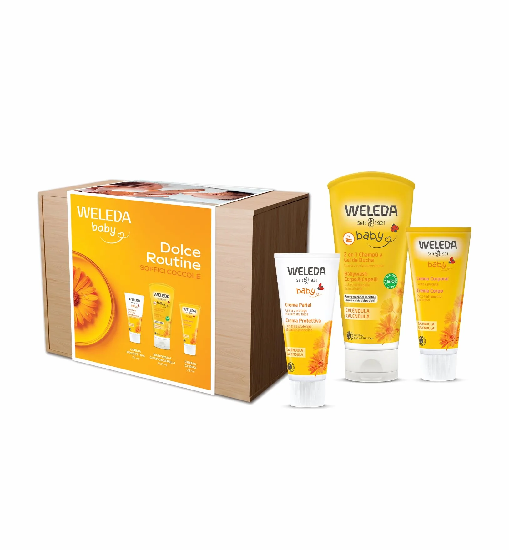 Weleda Kit Baby Dolce Routine, rituale di coccole per la pelle delicata dei più piccoli, contiente Babywash Calendula 200 ml, Crema Protettiva Calendula 75 ml, Crema corpo Calendula 50 ml