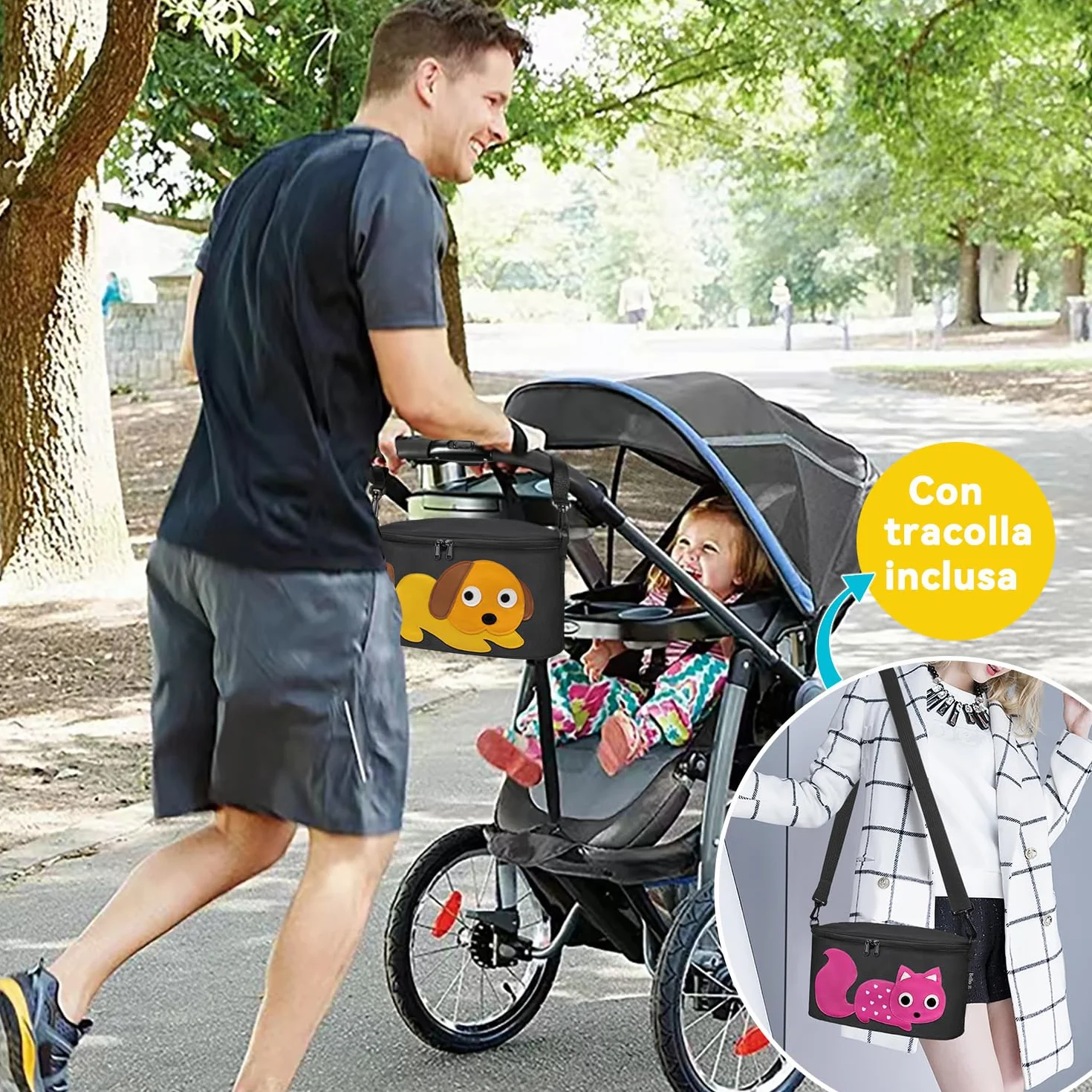 Borsa per Passeggino,Organizer per Passeggino o Carrozzina, Borsa da Passeggino Piccola Dei Animati Cartoni Design, Leggera e Capiente (Giraffa (Nero))
