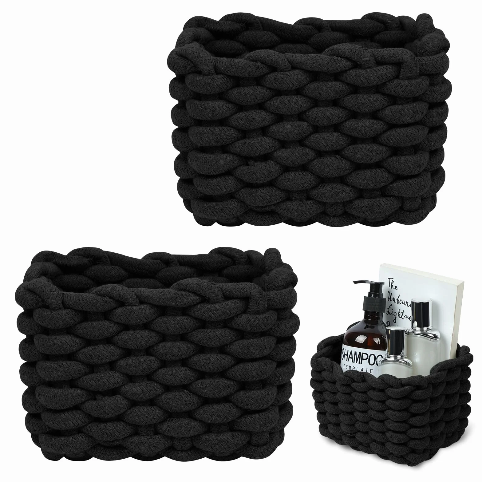 Aolso Cesto Portaoggetti in Corda di Cotone Intrecciato, 2pcs Contenitore Bagno Portaoggettii, Cestino Cameretta,Cestini Decorativi Quadrati per Portaoggetti per Trucchi,Giocattoli, Calzini, Nero