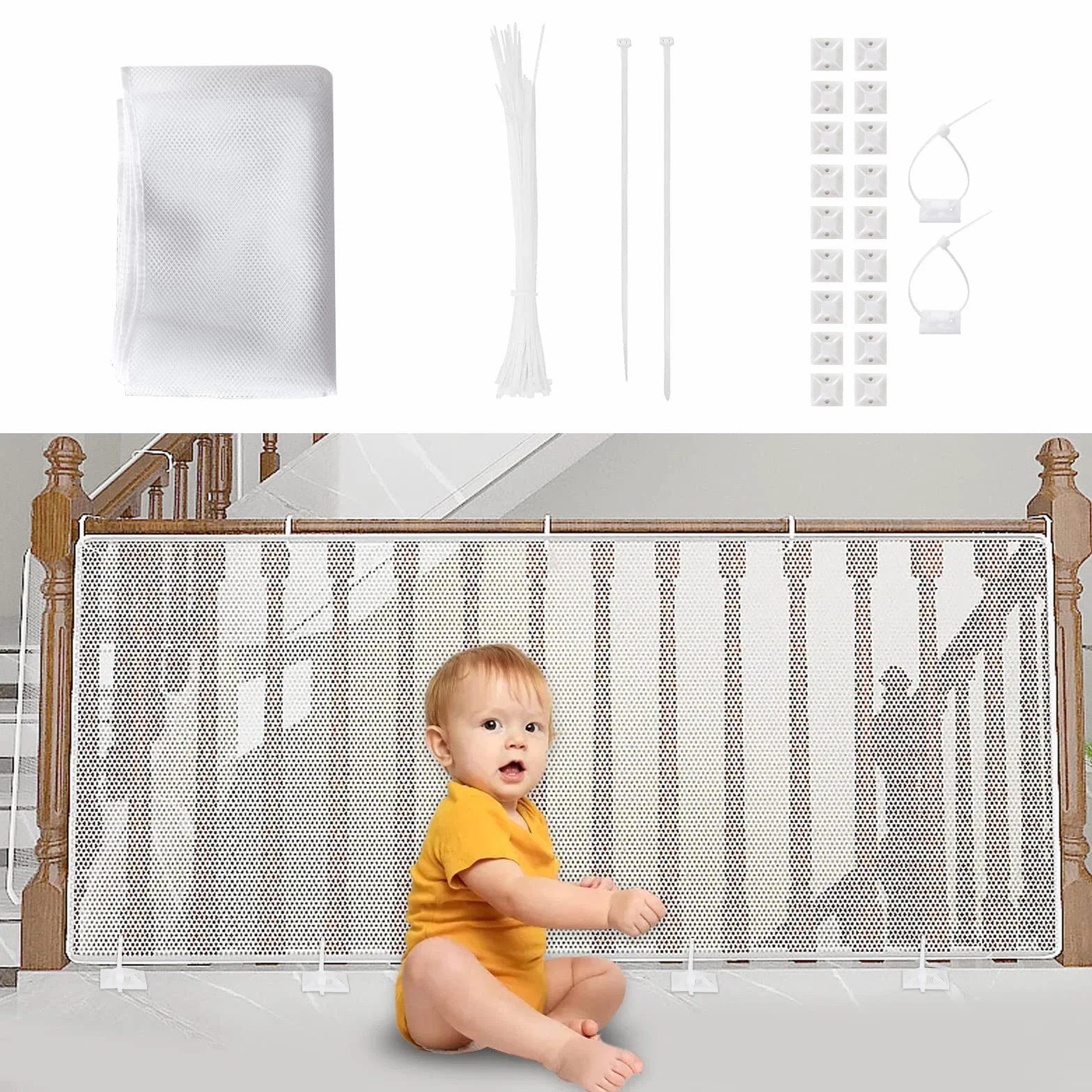 Rete di sicurezza per bambini, rete di protezione per balcone e scala, 300 x 90 cm, robusta, regolabile, recinto per scale, barriera di sicurezza in rete per gatti e giocattoli, bianco