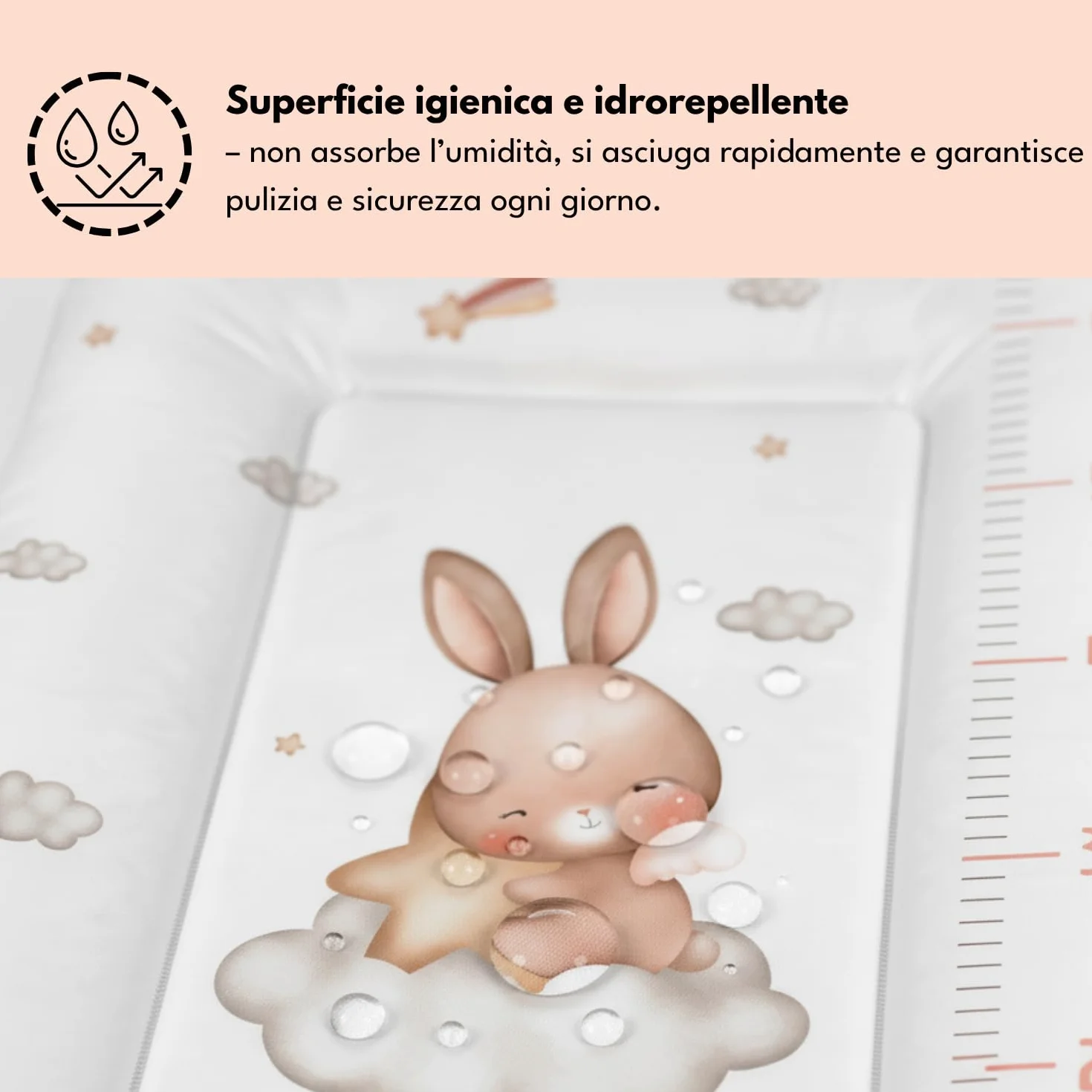 Materassino fasciatoio 50x70 cm, bianco con coniglio – impermeabile e lavabile, morbido per neonati – cuscino fasciatoio per cassettiera – materassino cambio pannolino, facile da pulire