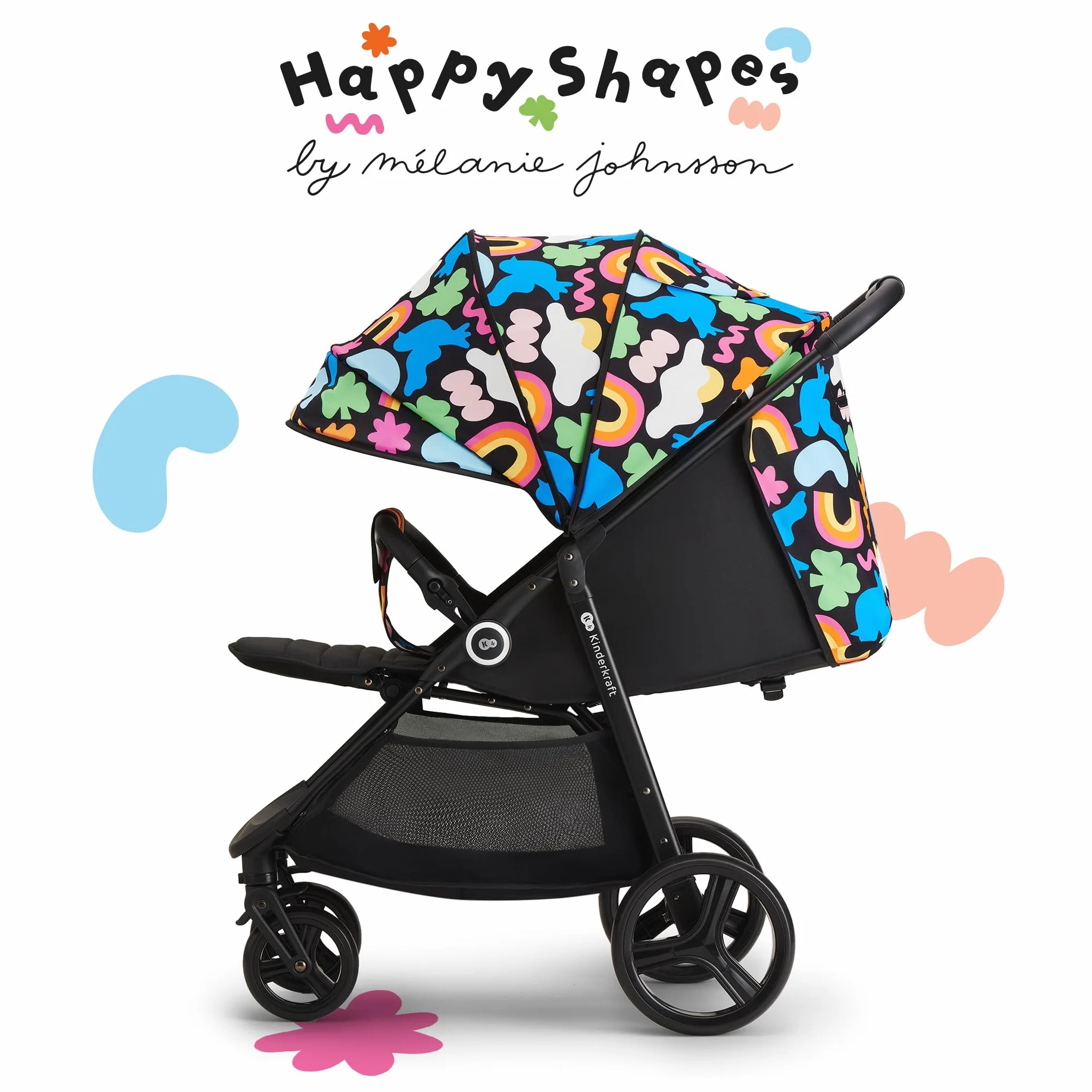 Kinderkraft GRANDE PLUS Passeggino Leggero dalla Nascita fino 22 kg, Pieghevole con una Mano, Posizione Sdraiata, L'ammortizzazione su Tutte le Ruote, Cappottina XL, Happy Shapes