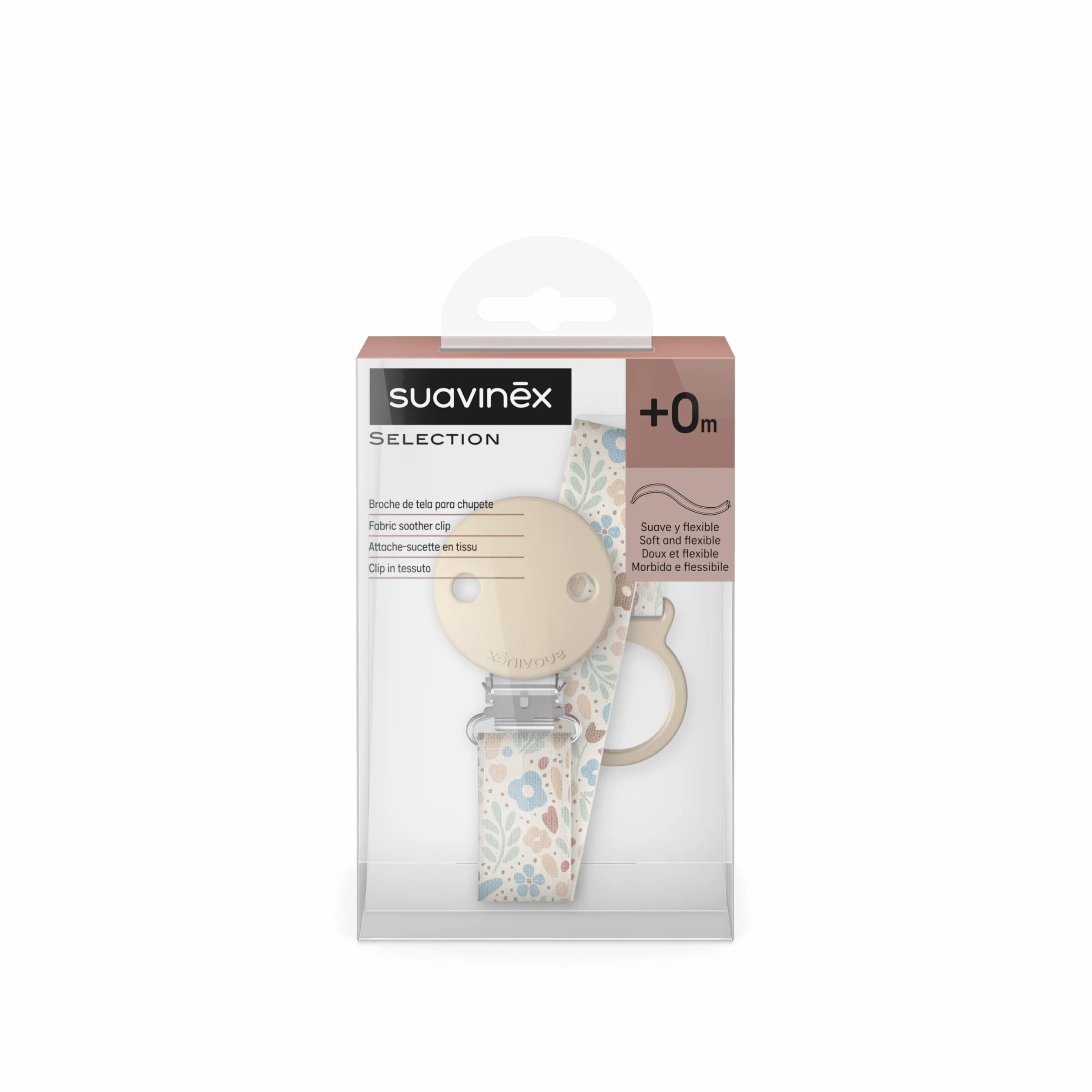Suavinex, Portaciuccio in tessuto per neonati, Nastro con disegno double-face, Catenella per ciuccio, Clip con fermaglio, per ciucci con anello. +0 mesi, adatto ai neonati, Wonder Fiori Beige