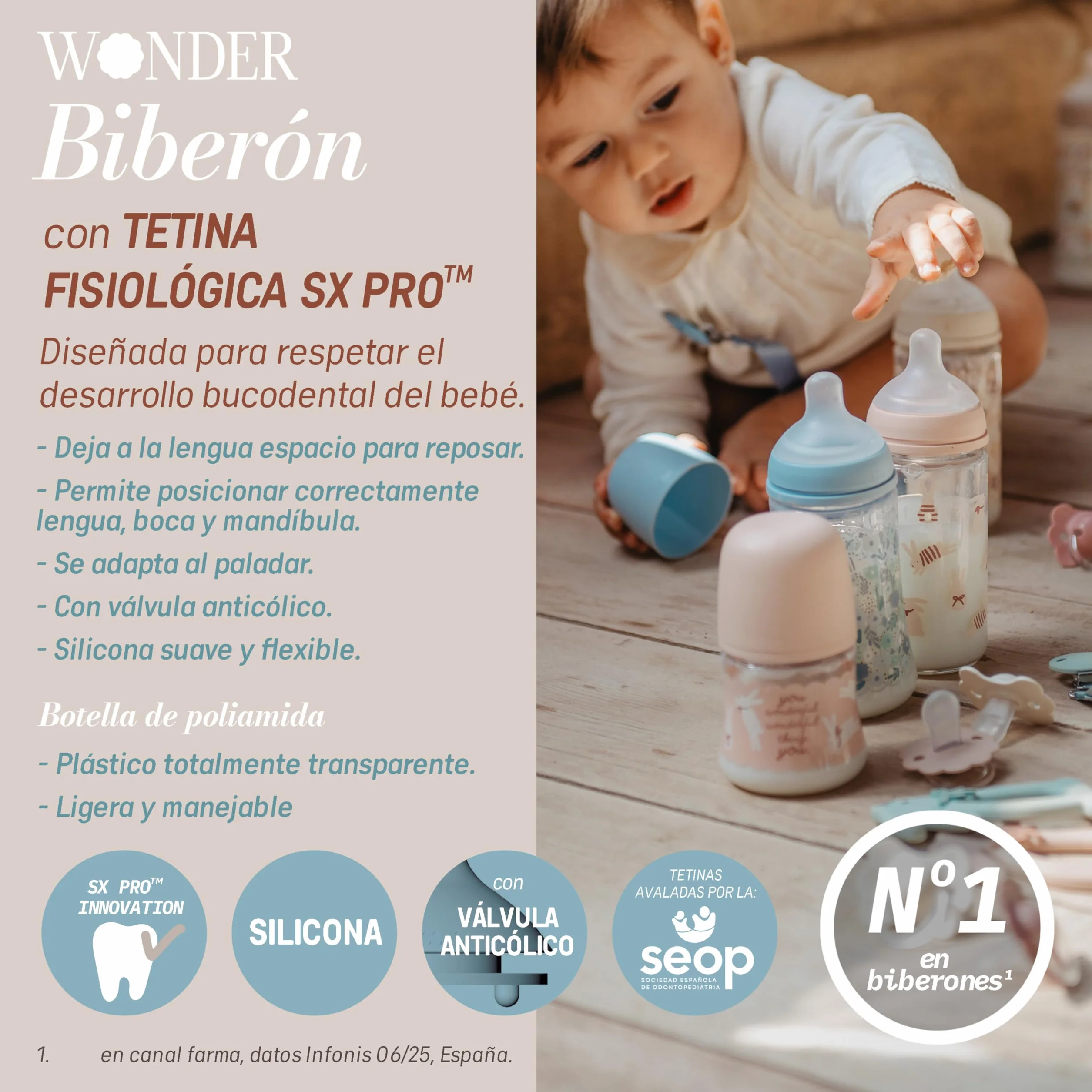 Suavinex, biberon da 270 ml con tettarella SX Pro in silicone, con valvola anticoliche, a flusso medio (M), per liquidi a media densità, latte, succhi di frutta o acqua, Neonati +3 mesi. Wonder Rosa