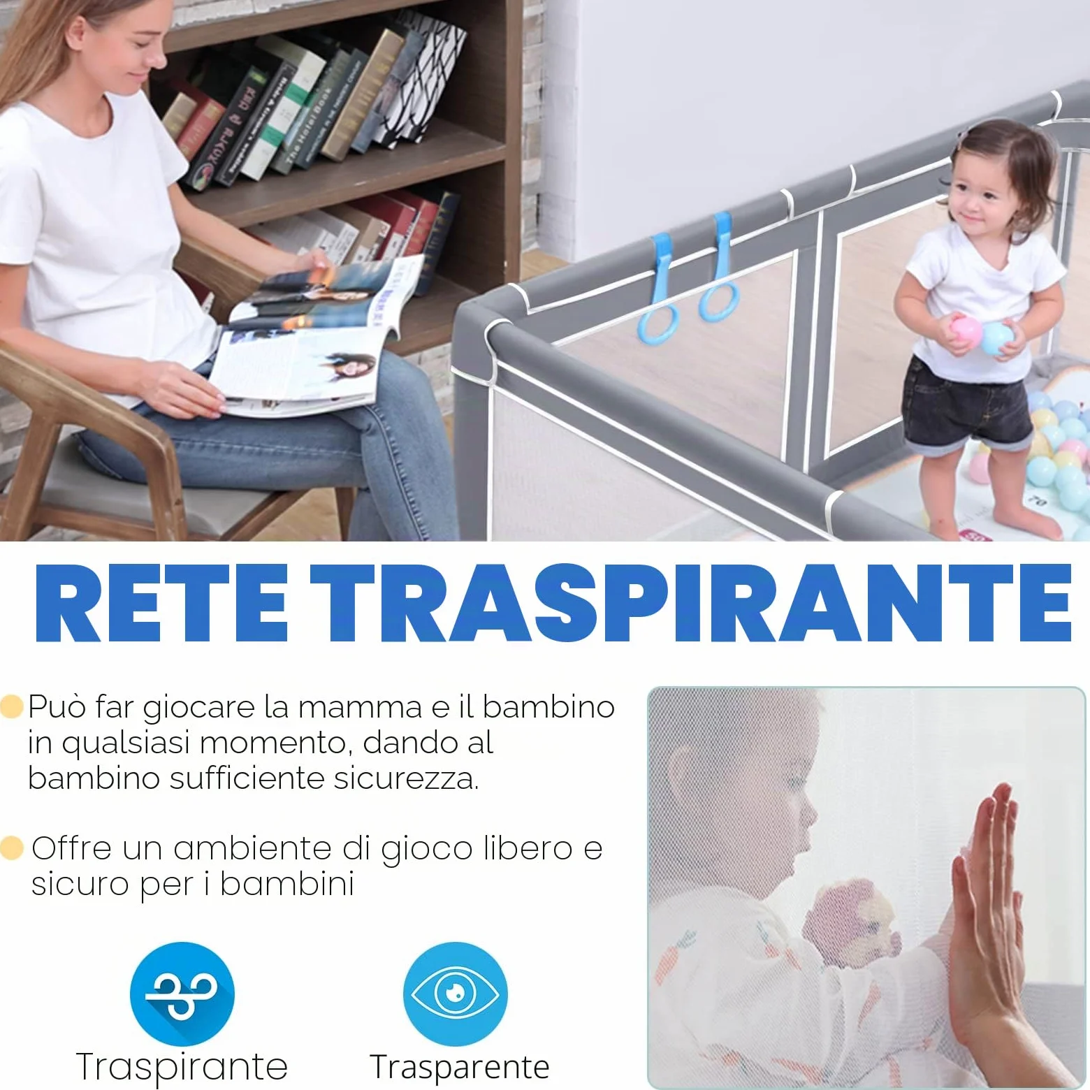 ACXIN Box per bambini, 150 x 180 x 68 cm, con base antiscivolo e rete traspirante, stabile griglia di intercettazione per bambini, grigio