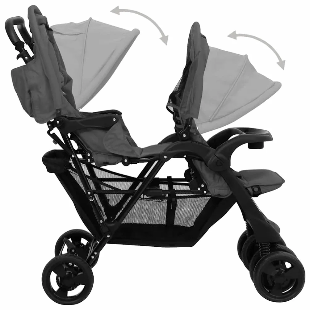 vidaXL Passeggino Gemellare a Tandem Grigio Scuro in Acciaio
