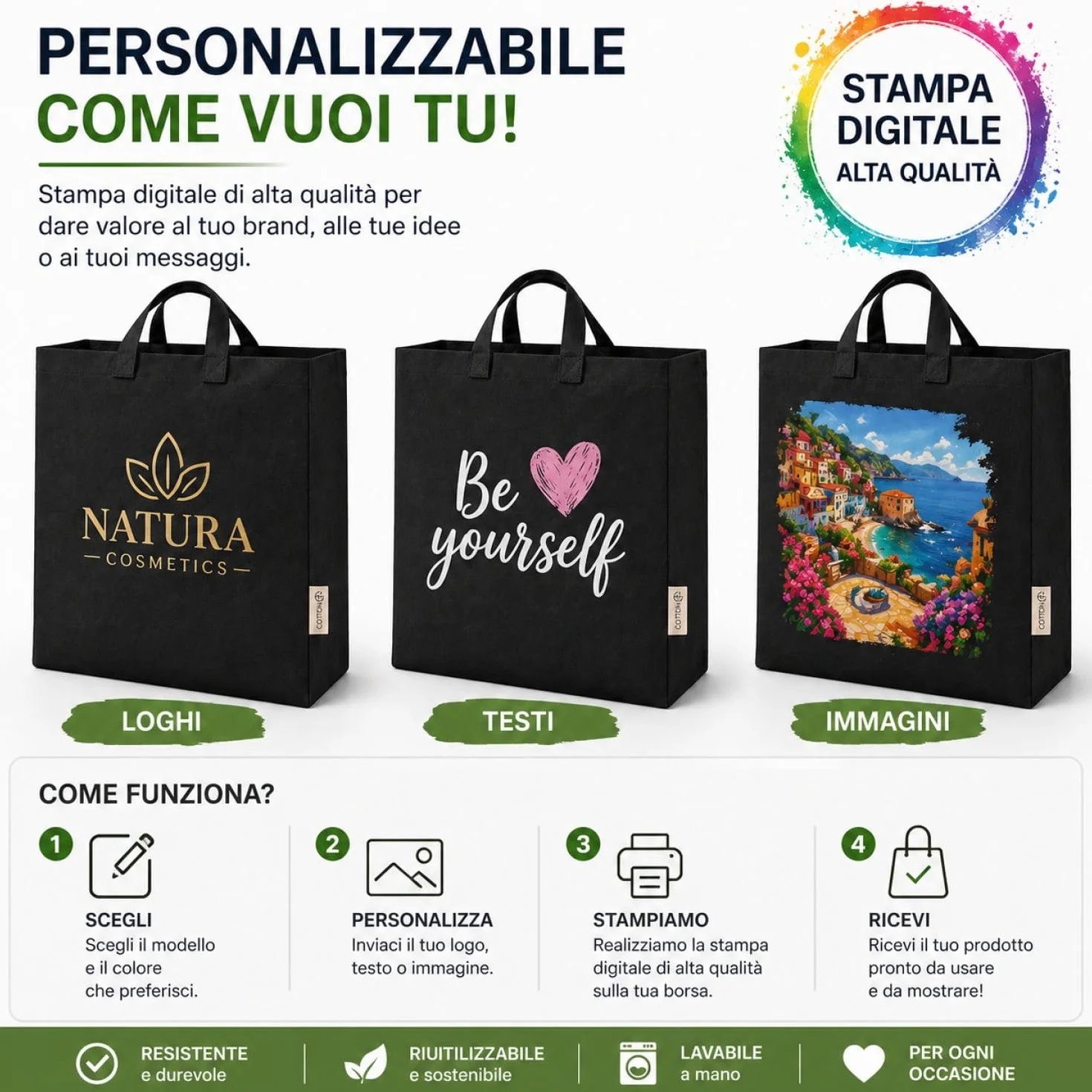 VENEZIANO Shopper personalizzata Canvas 220gsm 40x35x12 cm con Soffietto e Manici Lunghi – Shopper Resistente Riutilizzabile – Personalizzabile per Stampa, Gadget e Uso Quotidiano