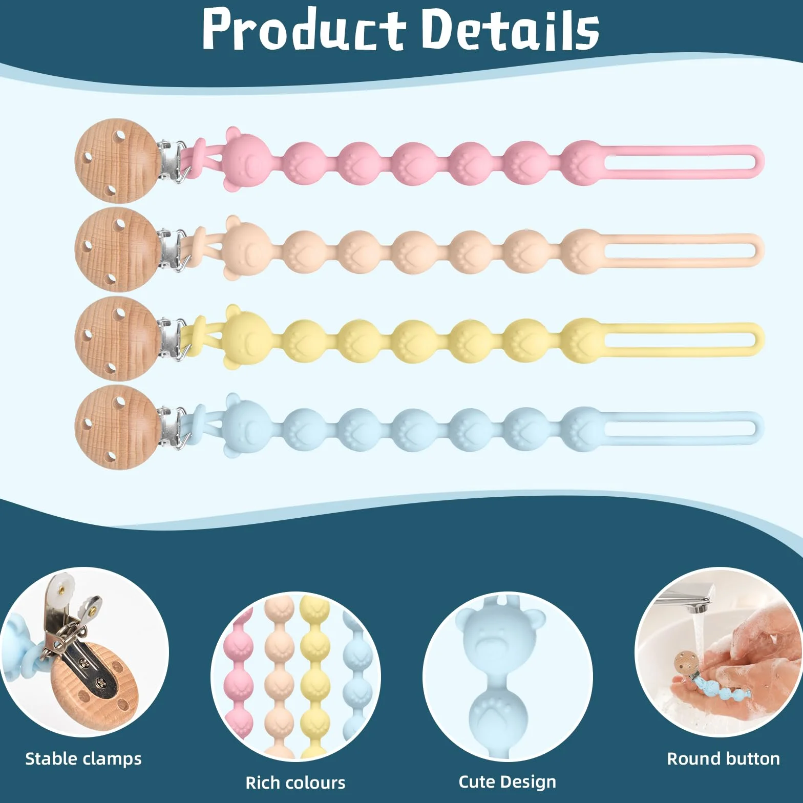 4 catenelle per ciuccio, in silicone, flessibilità, facile da pulire, catena per ciuccio e massaggiagengive 2 in 1, design 2 in 1, catenella per ciuccio, in legno, portabilità, aiuto dentale per