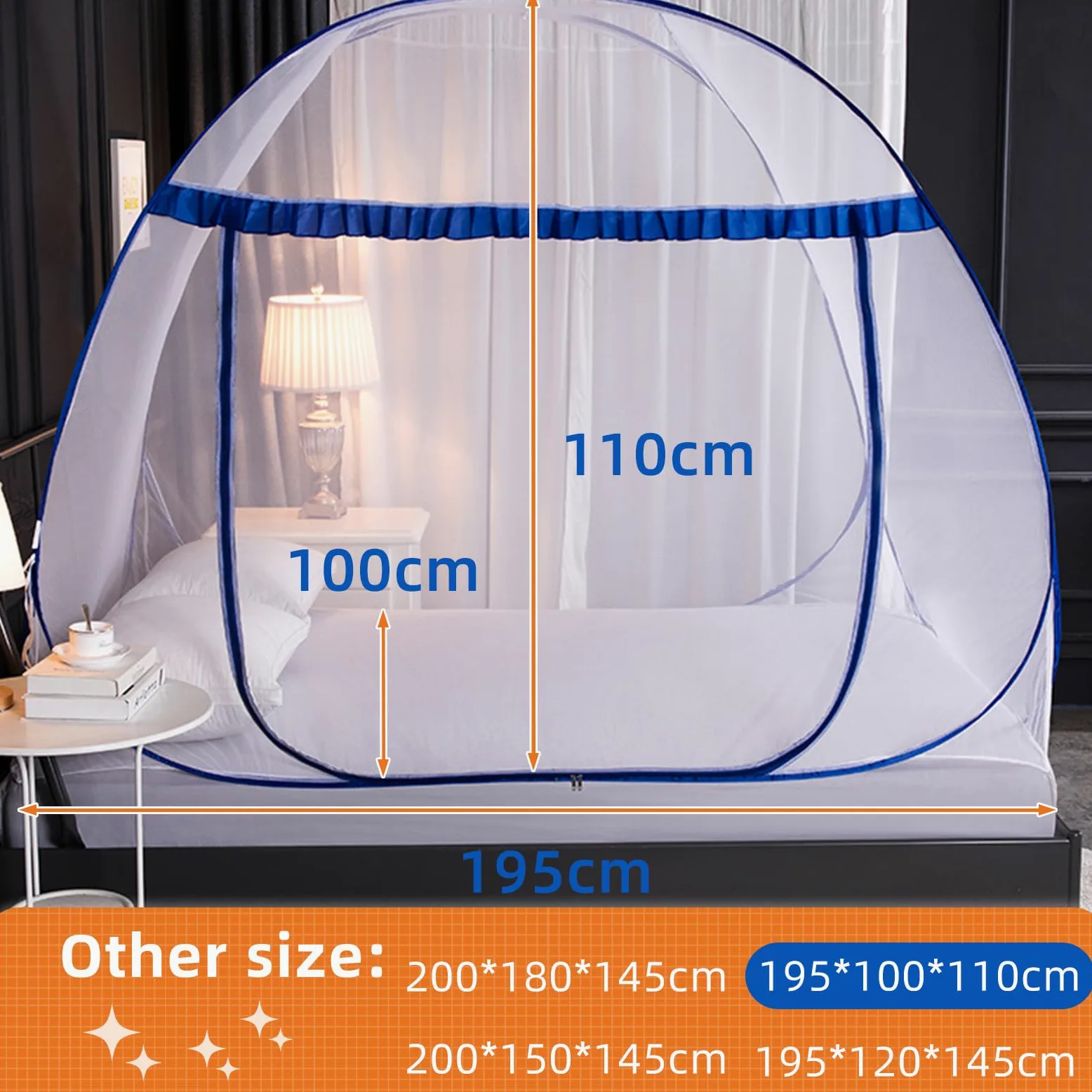 Zanzariera Letto, Zanzariere Pieghevole,zanzariera da viaggio portatile con cerniera a doppia anta,Facile da Installare, Efficace contro le Punture di Zanzara (Blu,195 * 100 * 110cm)