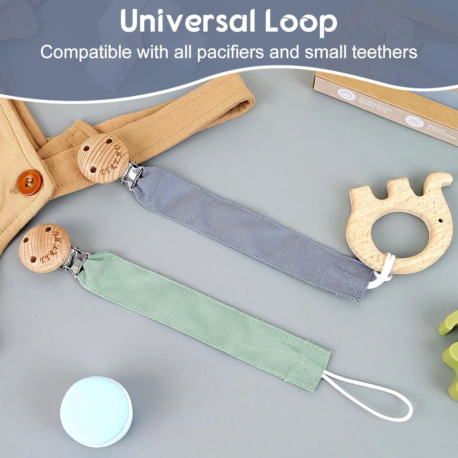 TYRY.HU Catenella Portaciuccio Tessuto Morbido Catenella Ciuccio Fatto a Mano Succhietto Porta Clip di Legno Cotone Bambini Ragazzi Massaggiagengive Clip Baby Regalo,2 Pezzi