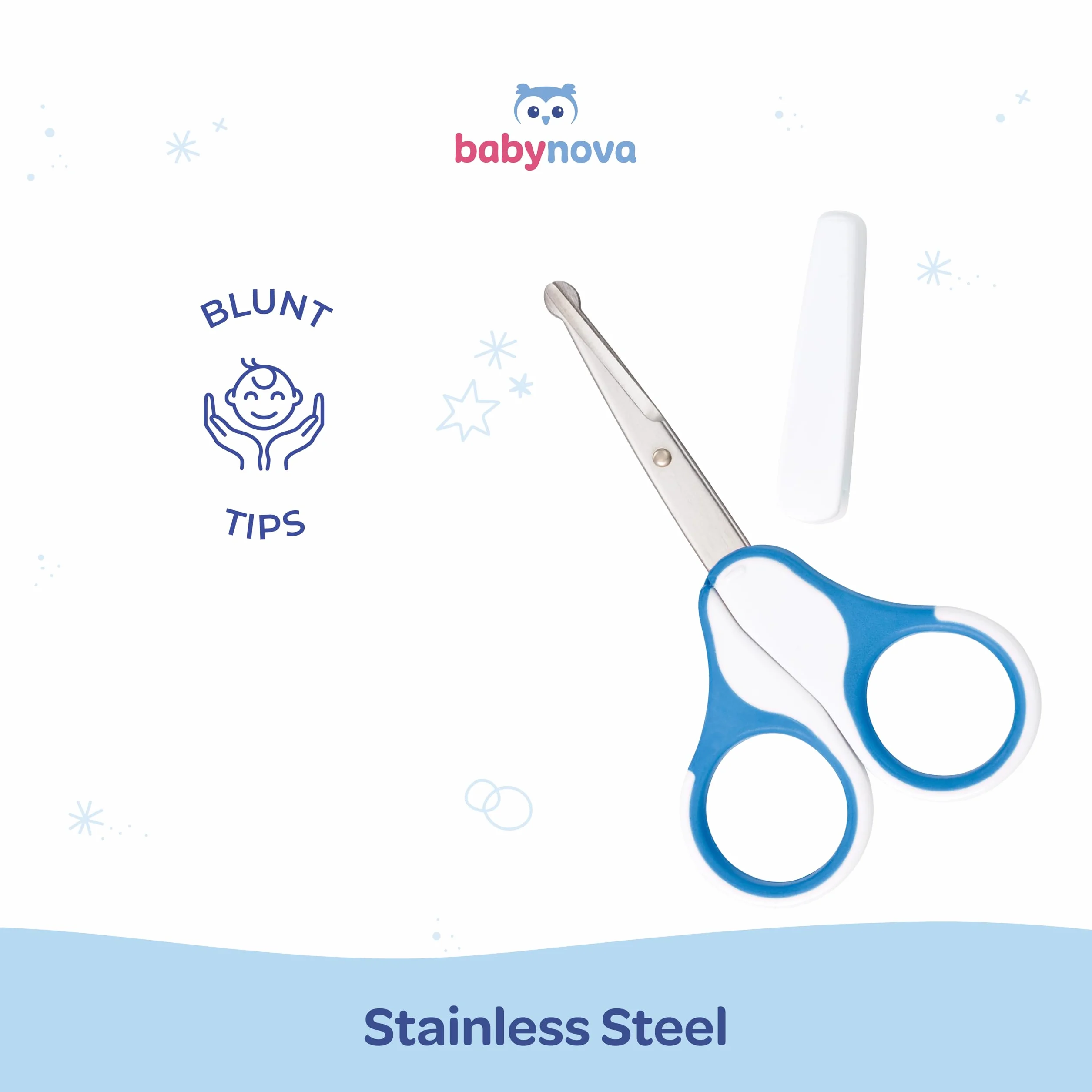 babynova Forbicine per Bebè con Cappuccio Protettivo – Forbicine per Unghie in Acciaio Inossidabile con Punte Arrotondate per un Taglio Sicuro delle Unghie del Bebè – Senza BPA – Blu
