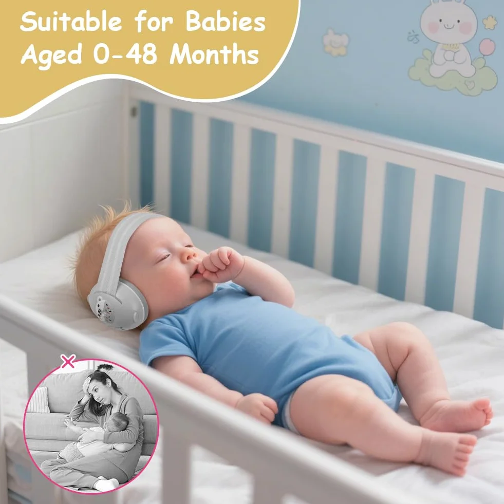 Cuffie antirumore 2 in 1 per bambini, antiscivolo, con cancellazione del rumore, ultra morbide e regolabili fino a 0-48 mesi, protezione dell'udito per dormire e viaggiare