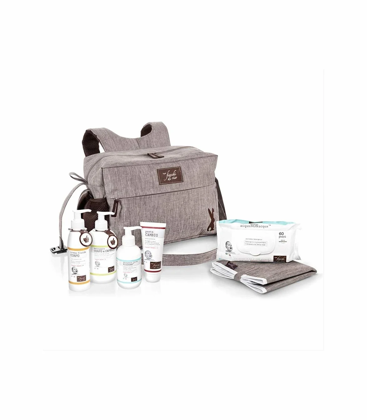Fiocchi di Riso - COFANETTO BORSA FASCIATOIO - Kit fasciatoio neonati: Salviette Acqua NON Acqua, Pasta Cambio, Crema Fluida Corpo, Detergente Intimo Mioderm e Detergente Corpo e Capelli Talco.
