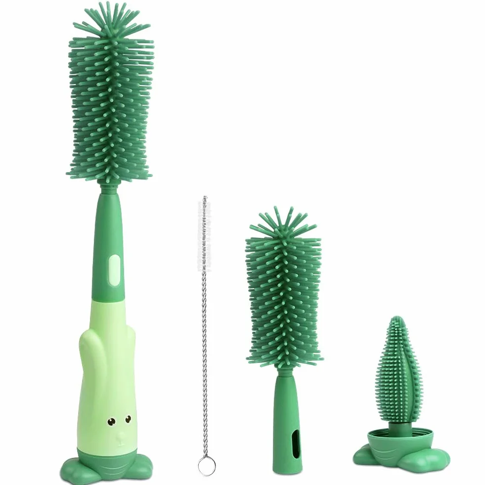 Vicloon Spazzola per Biberon, 3 in 1 Spazzola per la Pulizia di Ciuccio, Scovolino in Silicone per la Pulizia Biberon, Tettarella, Cannucce, Verde