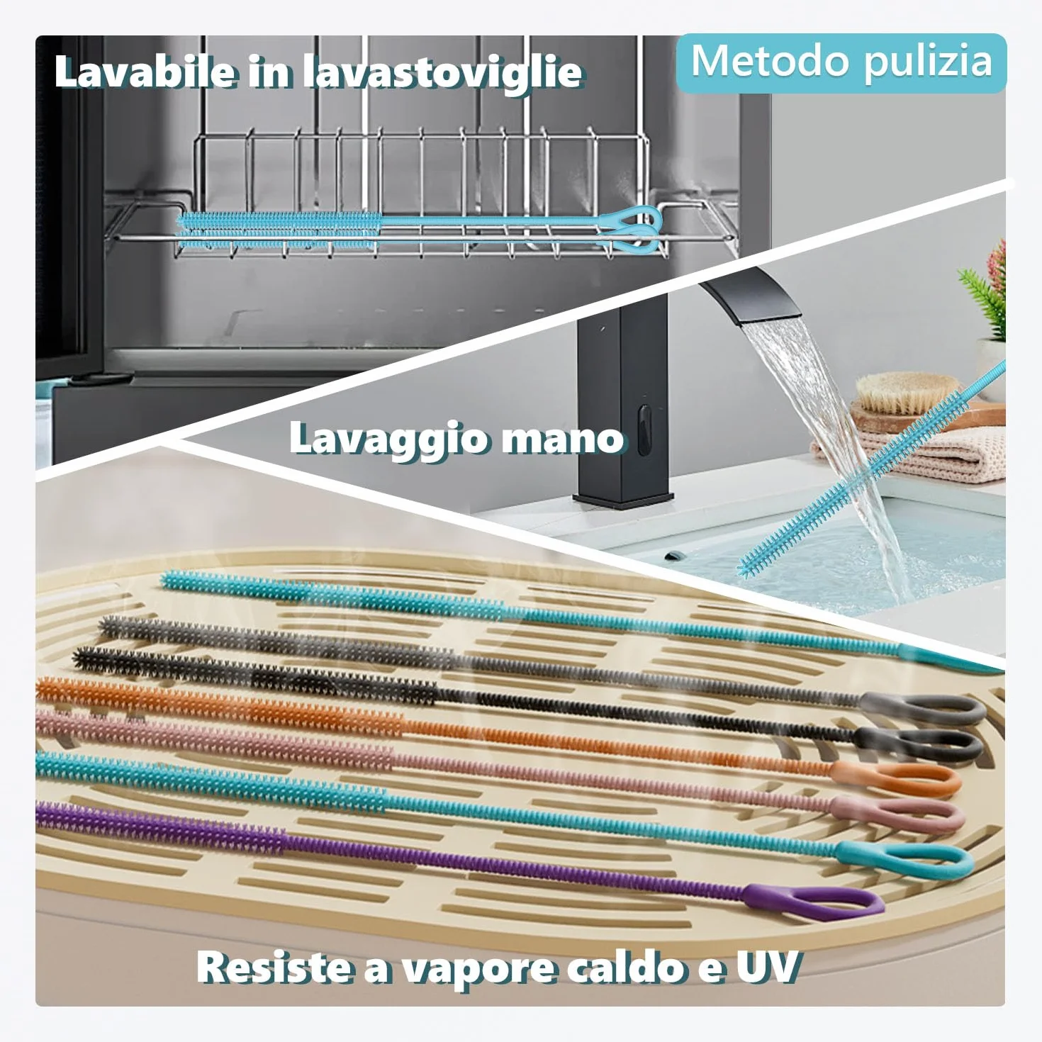 Spazzola Cannucce Silicone, 2Pezzi Scovolino per Cannucce Riutilizzabile per Vetro Metallo Frullati Cannucce e Tazze Cannuccia, Impugnatura Antiscivolo Morbida e Pieghevole, 6mm+9mm, Blu